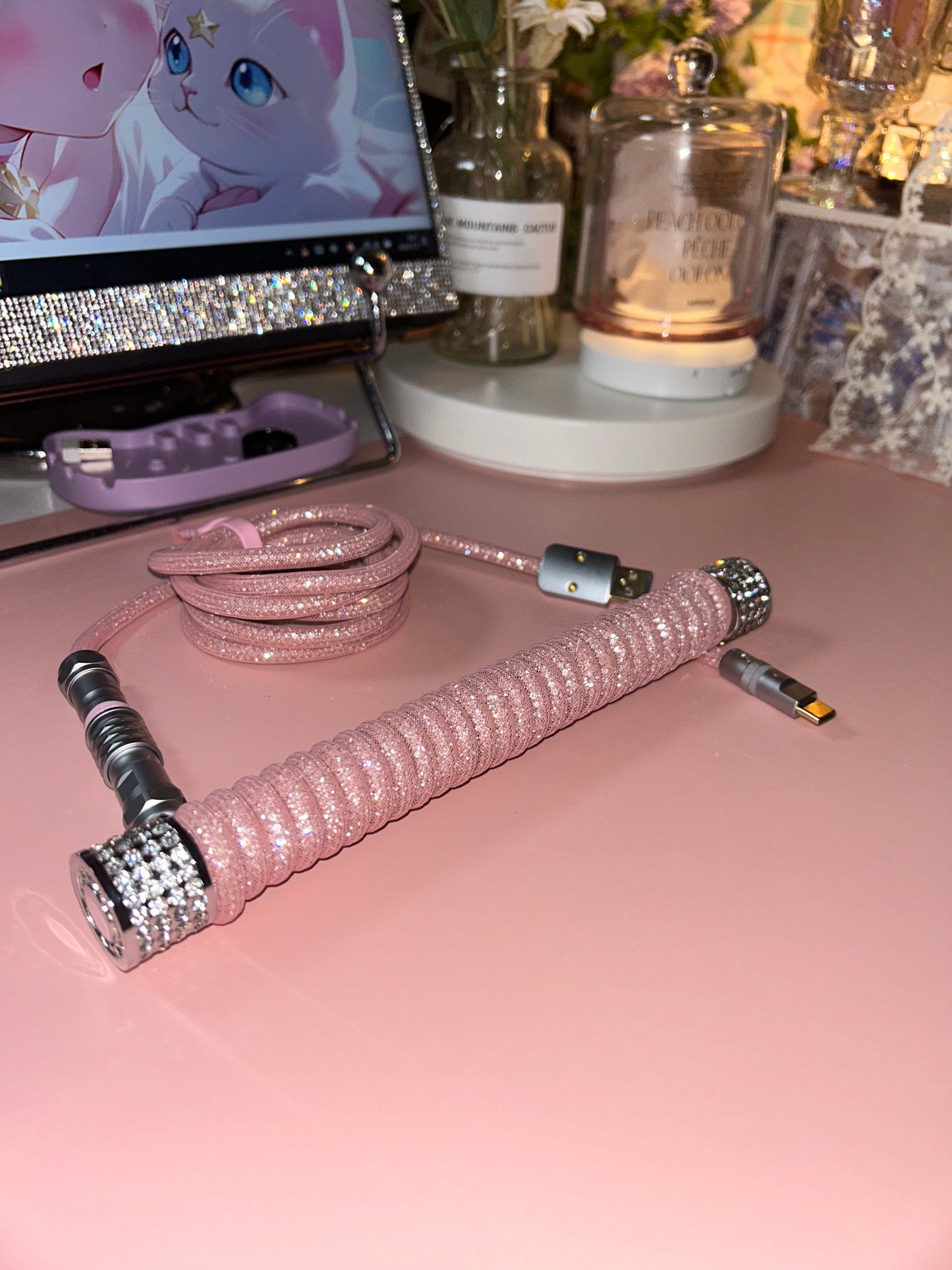 strawberryjam1986 diamond pink coiled mechanical keyboard cable set