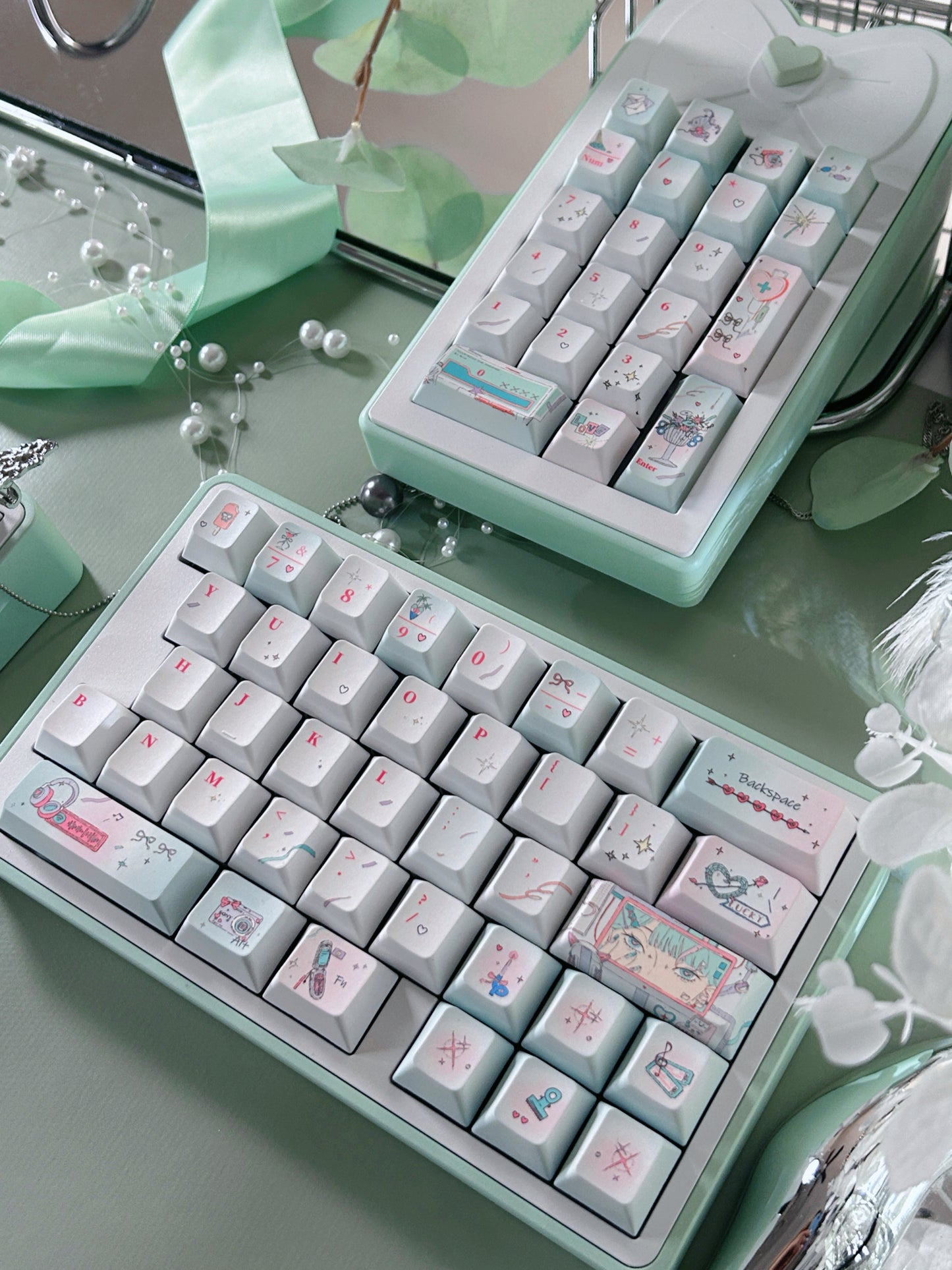 PREORDER Prebuilt Aluminum Customized Mechanical Keyboard Blockboy Split65 Mint Set With Bow Pad