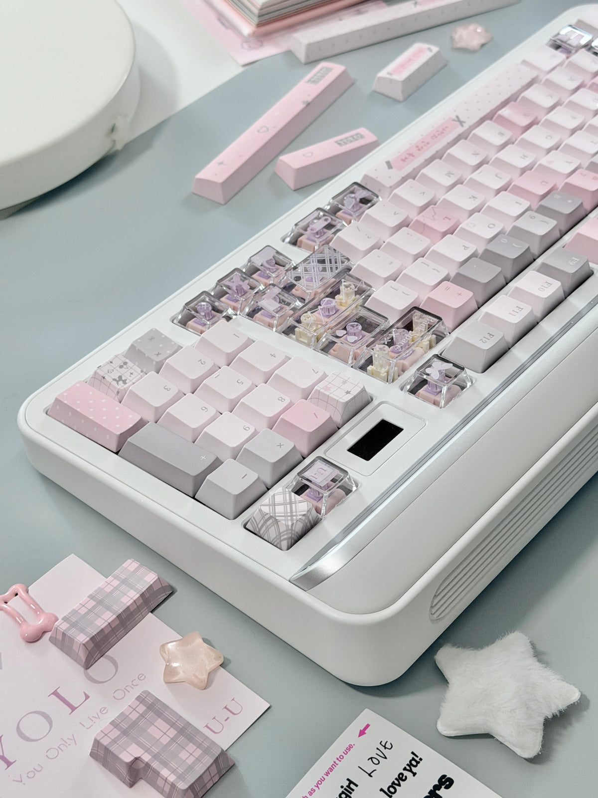 #0310 YOLO Pale Pink Light Gray Aesthetic Keycaps Set | Cute Mechanical Keyboard Keycaps