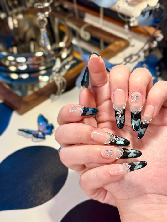 Black Blue Butterfly Press On Nails Shimmering Diamond Long Oval Handmade Nail Arts