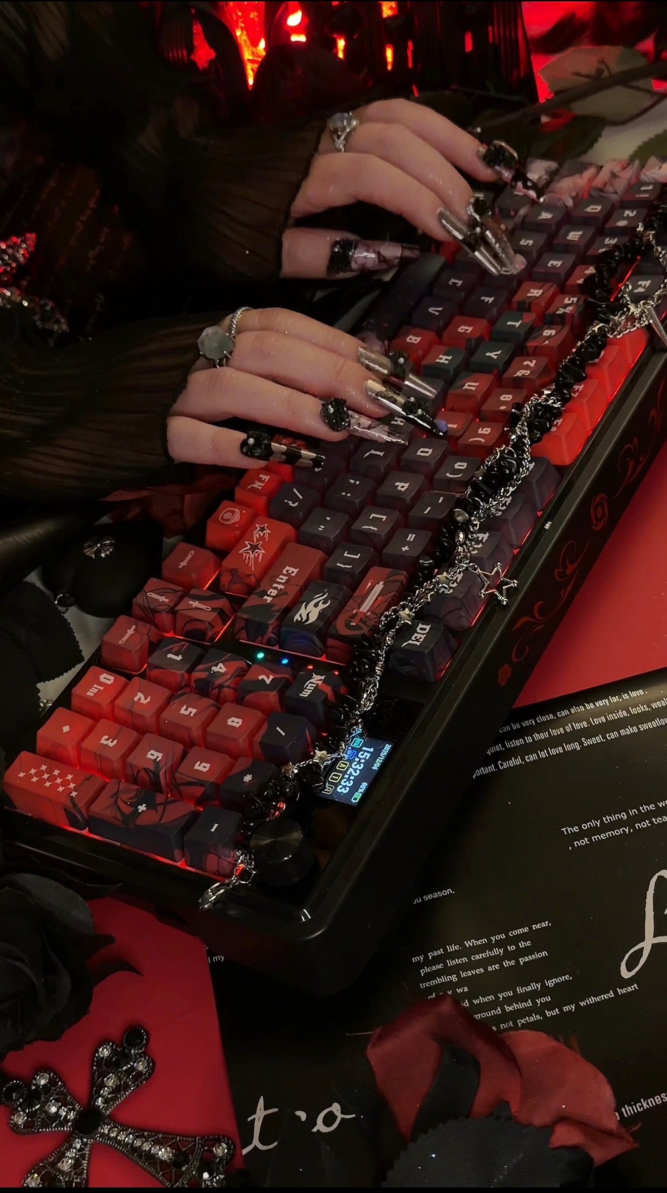 Gothic Dark Black Butterfly Lace Moonstone Press On Nails Long Coffin Handmade Paint