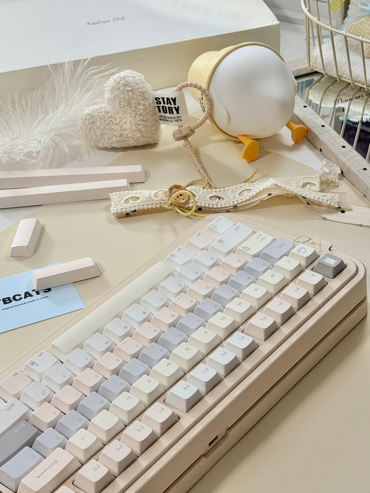#0315 Tbcats Pastel Cream & Misty Blue Cute Keycap Set | Soft Aesthetic Mechanical Keyboard Keycaps | Kawaii Minimalist Custom Keycaps