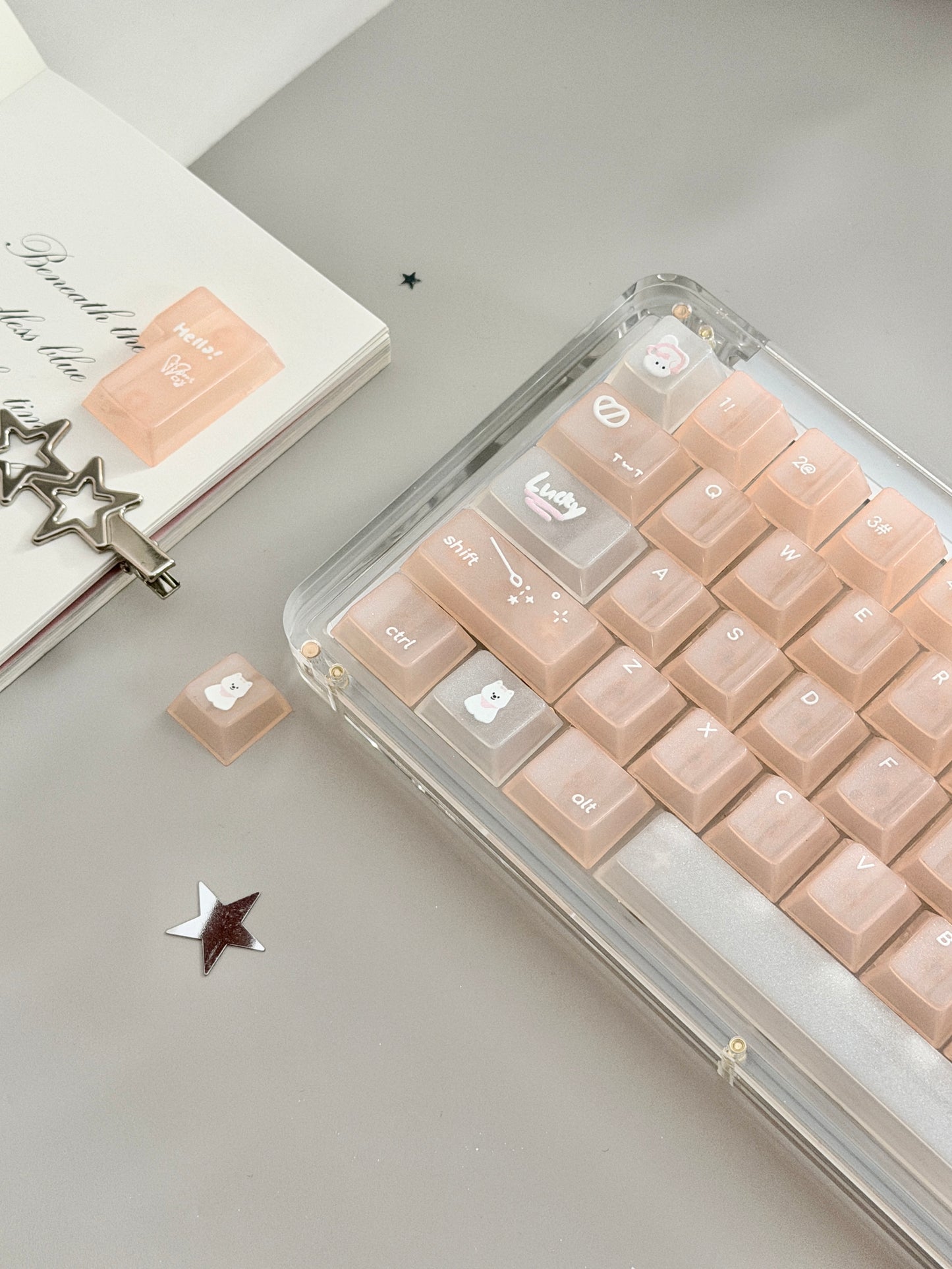 Unboxing Sample For Sale ONLY 1 Instock KiiBOOM Phantom 64 Clear Crystal Acrylic Keyboard + custom Peach Pink Keycaps