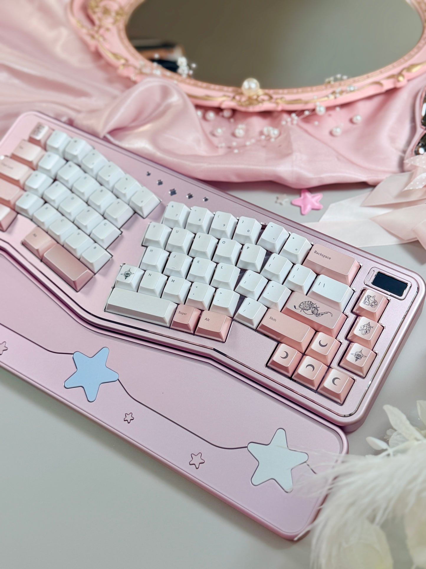 ONLY 1 Instock Prebuilt Aluminum Custom Mechanical Keyboard Staralice Ergonomic Anodized Pink Set including Wristrest Keycaps & switches