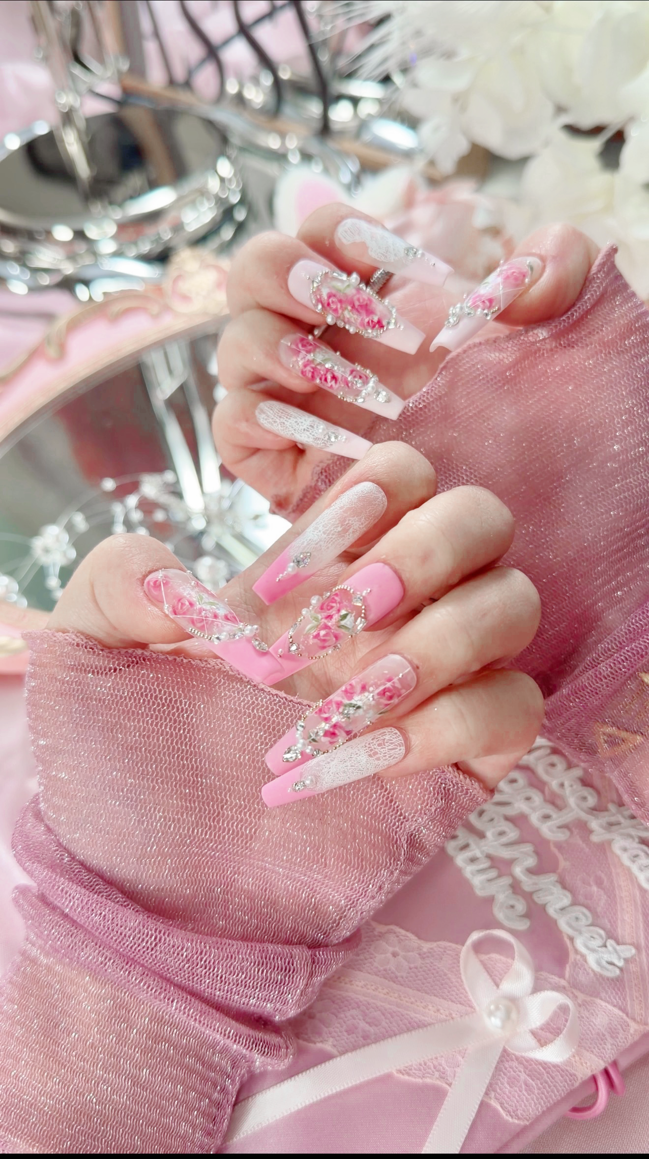 Barbie Pink Lace Flower Matte Finish Press On Nails Long Coffin Handmade With Diamond Pearl Beads