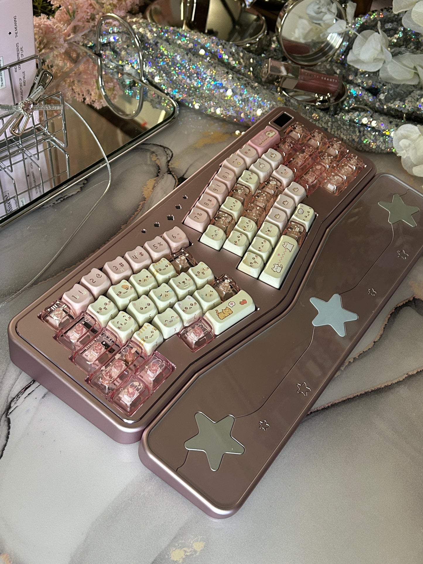 Preorder Prebuilt Aluminum Customized Mechanical Keyboard Staralice Anodized Pink set with Wristrest & switch & Cat Keycaps