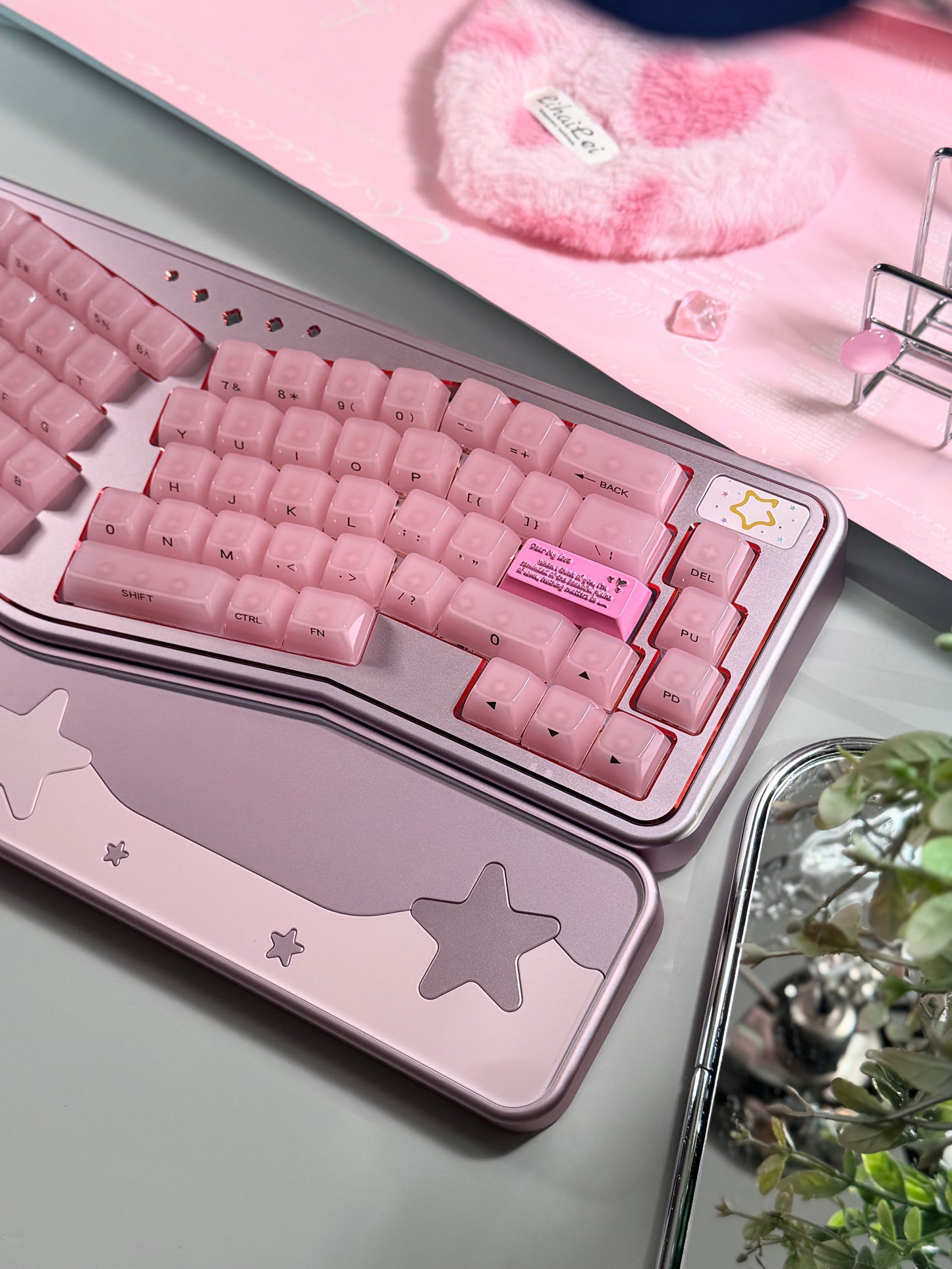 ONLY 1 Instock Prebuilt Aluminum Custom Mechanical Keyboard Staralice Ergonomic Anodized Pink Set including Wristrest Keycaps & switches