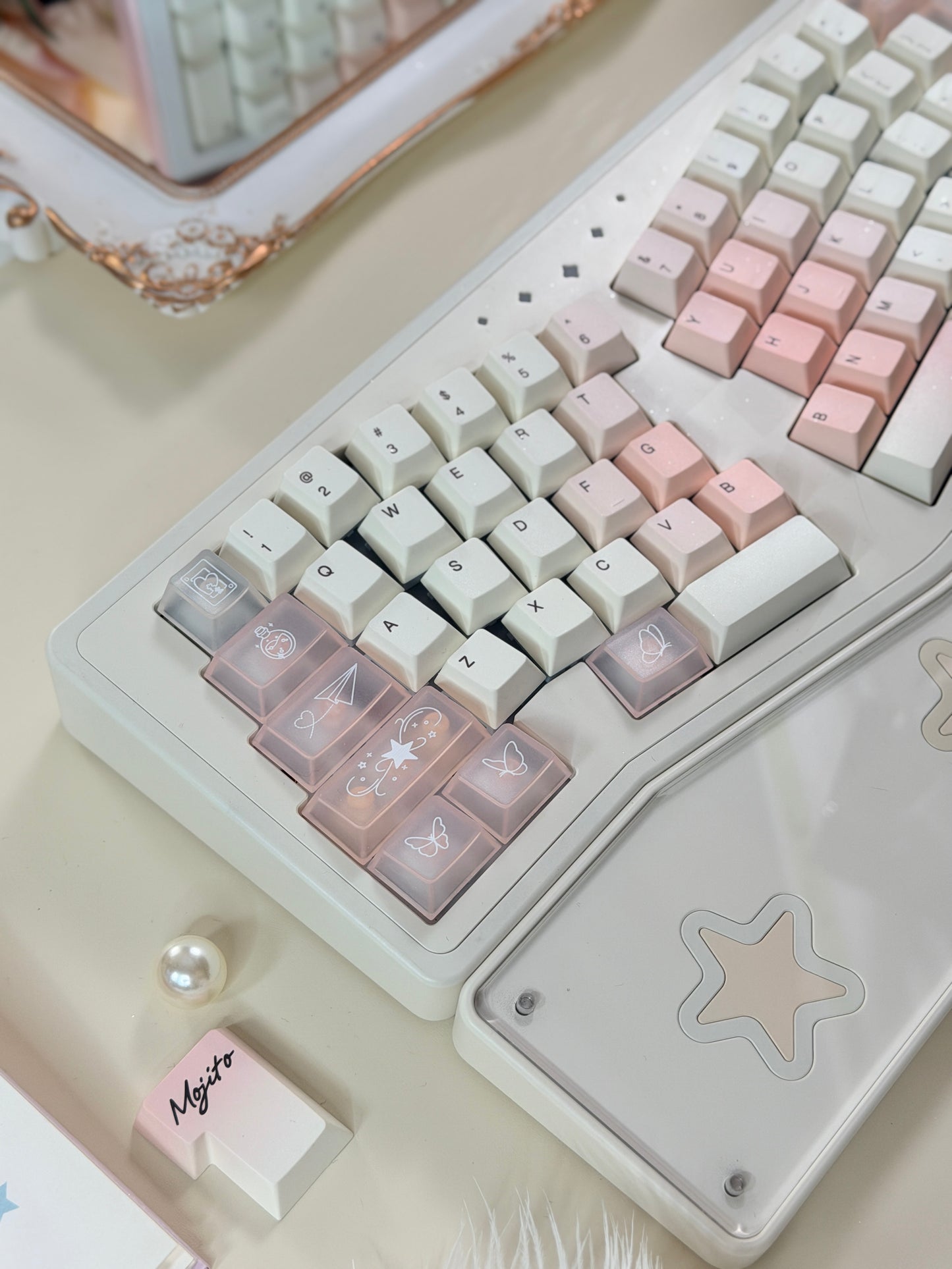 ONLY 1 Instock Prebuilt Aluminum Customized Mechanical Keyboard Staralice Cream White Set With Wristrest & Bow Pad