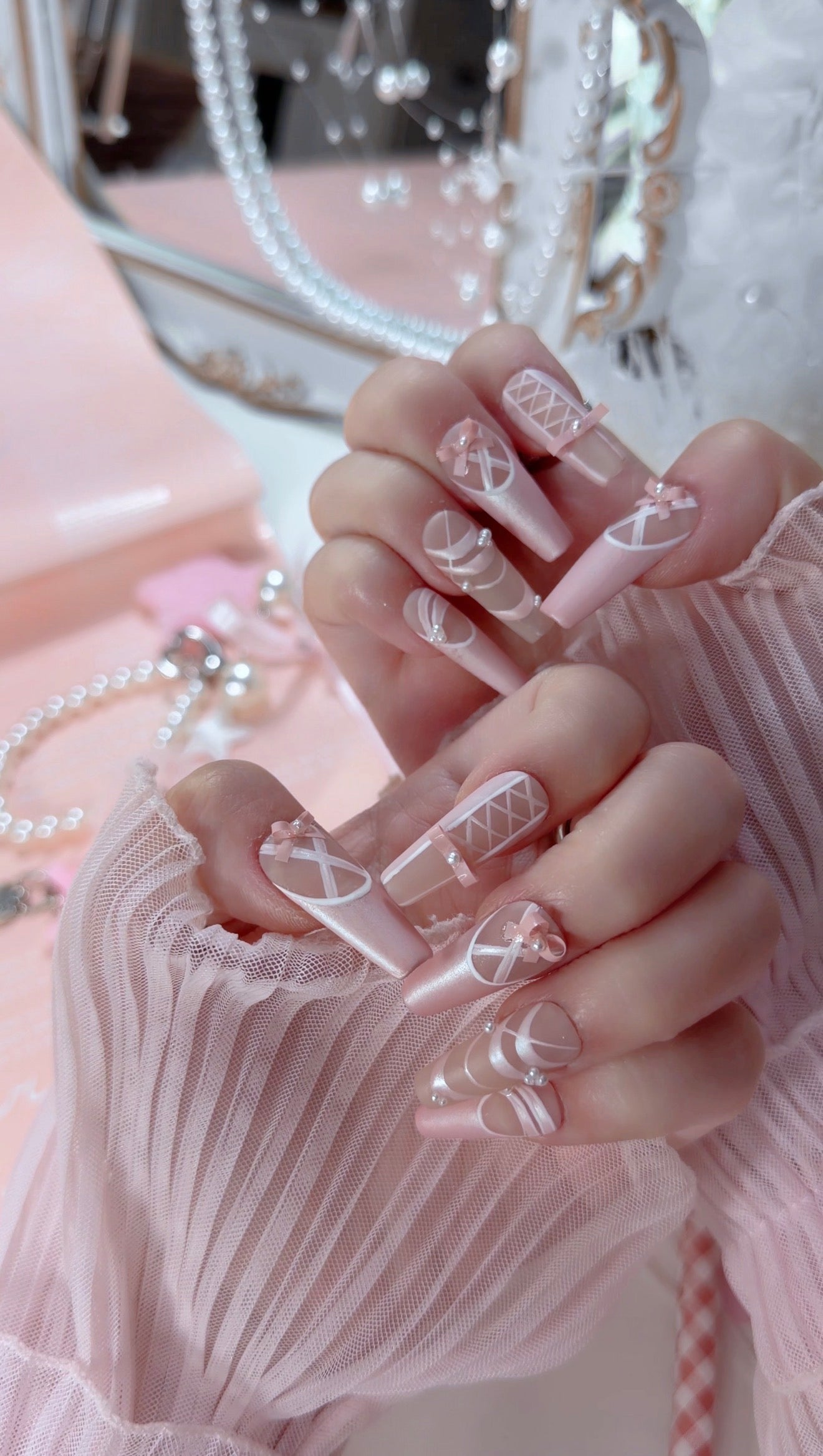 Pearl Pink Ballet Lace Bow Pattern Press On Nails Long Coffin