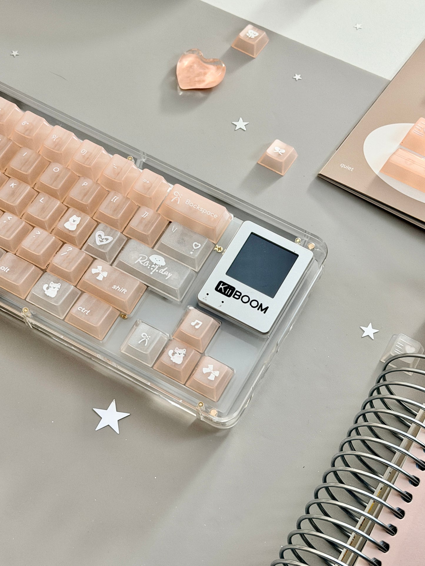 Unboxing Sample For Sale ONLY 1 Instock KiiBOOM Phantom 64 Clear Crystal Acrylic Keyboard + custom Peach Pink Keycaps