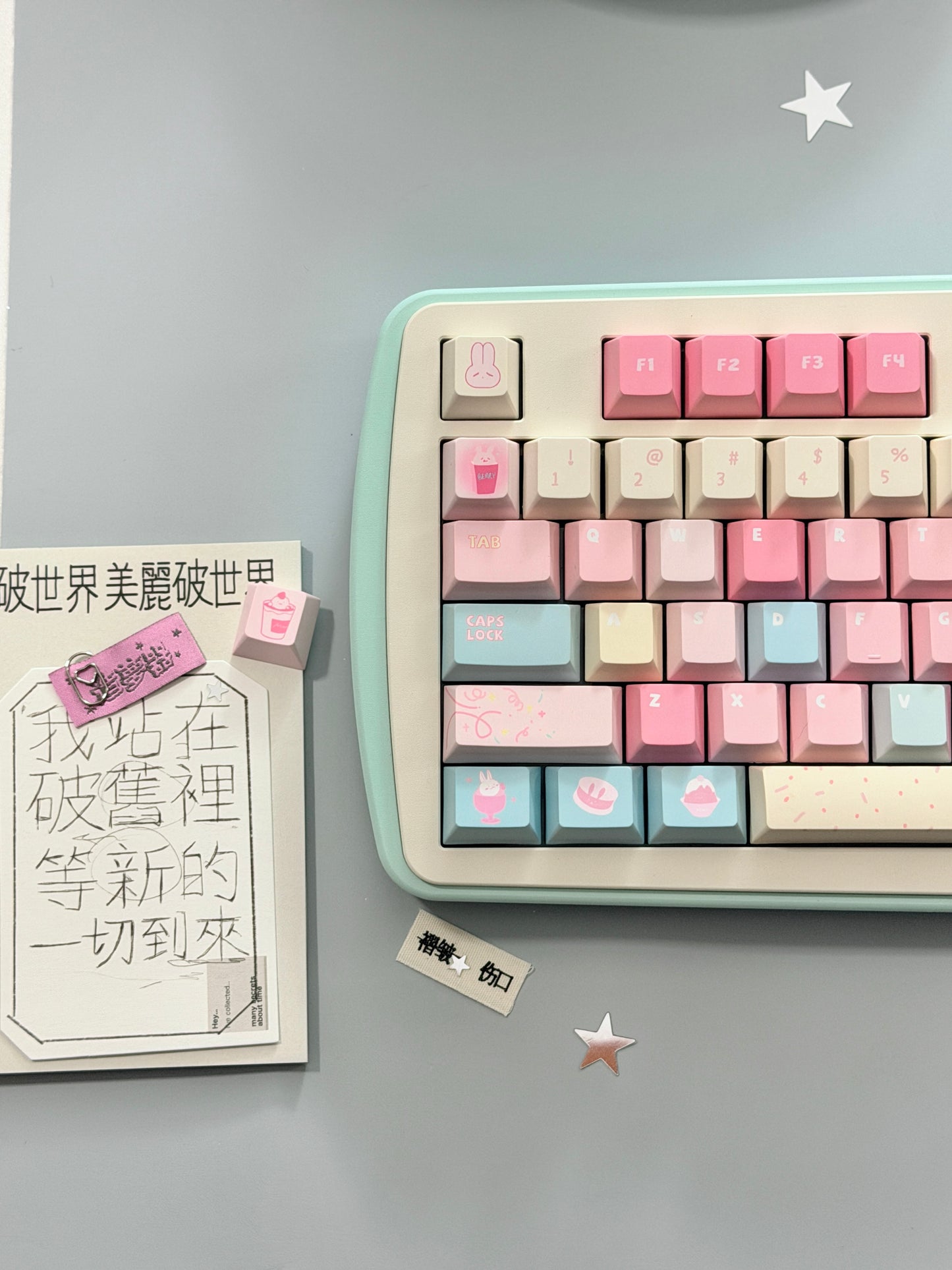 0300 Y2K Sugar Mountain Keycap Set | Pastel Pink, Blue & Cream Retro Keycaps Cherry Profile
