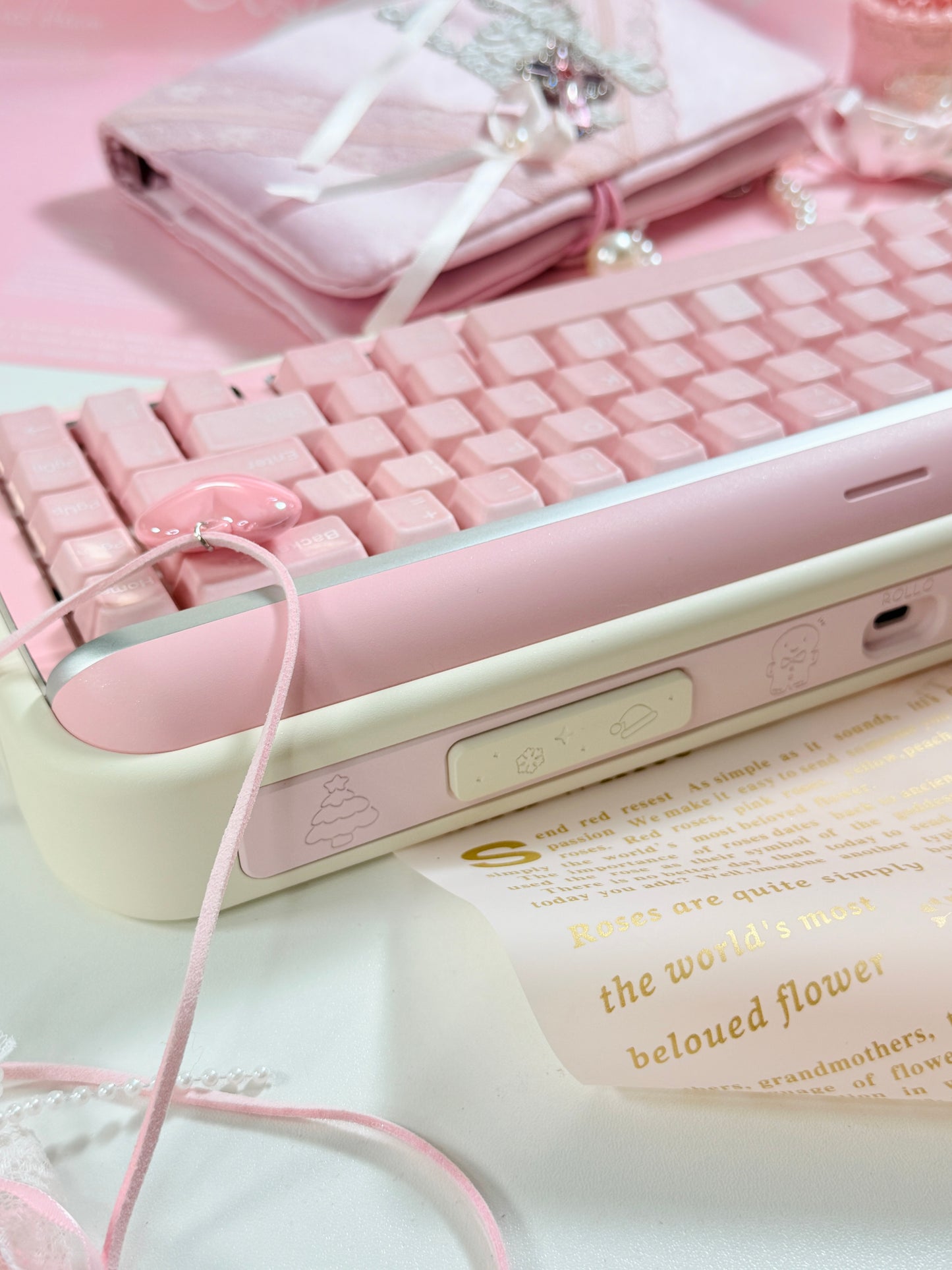 ONLY 1 Instock Prebuilt Aluminum Customized Mechanical Keyboard Rollo75 Pale Pink Cerakey Matte Keycaps Set