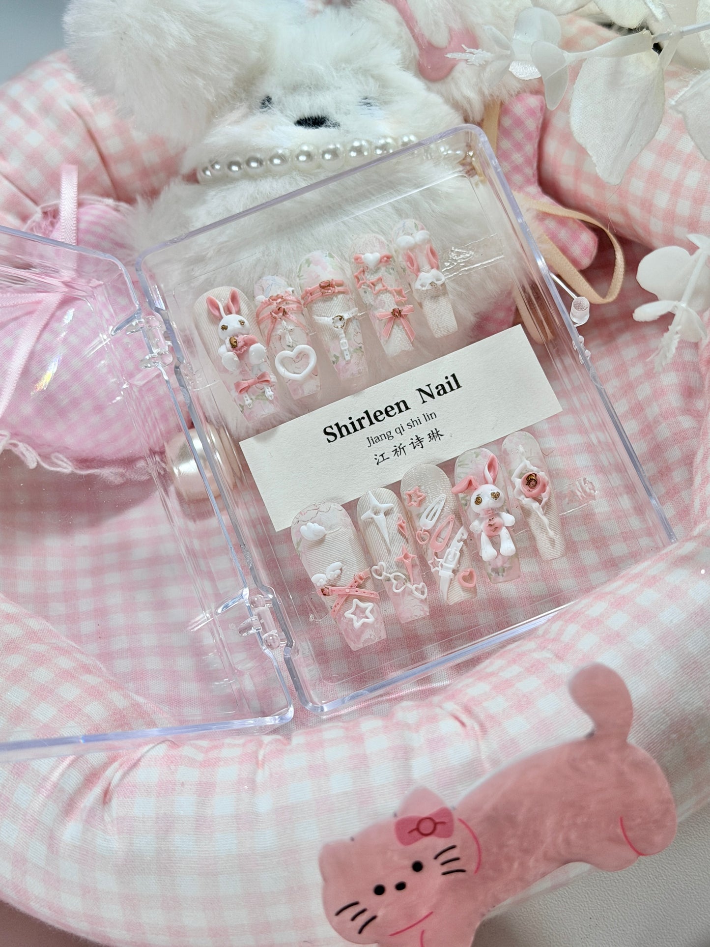 White Lace Pink Punk Bunny Bow 3D Pattern Press On Nails Long Coffin