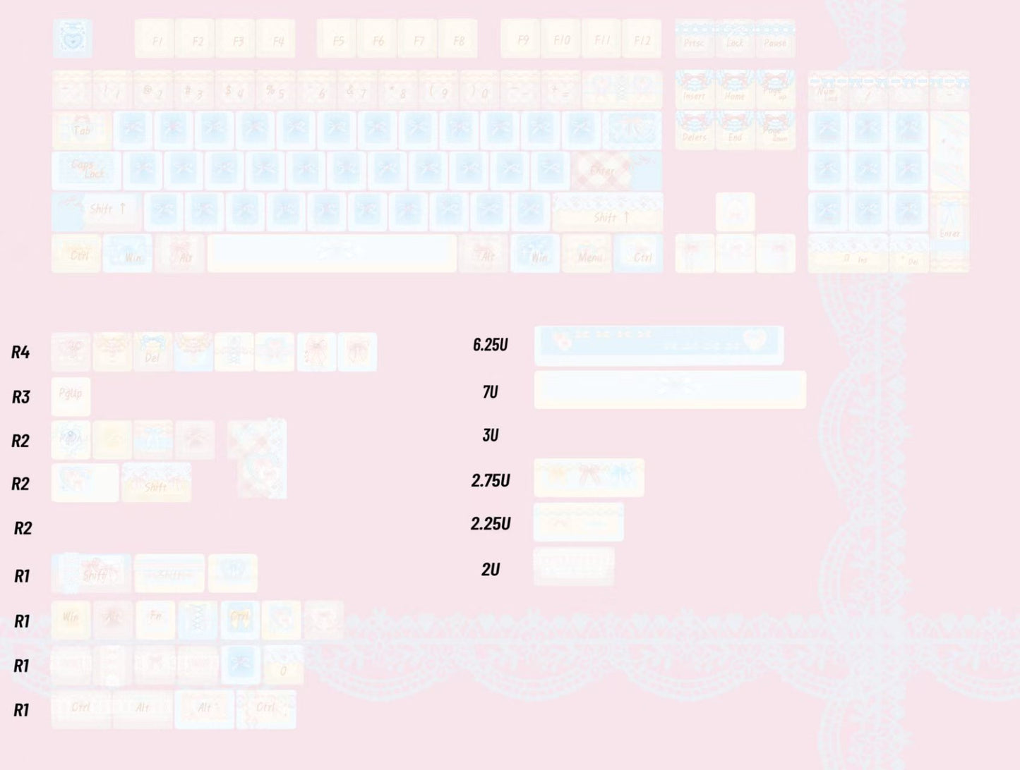 #0303 Aqua Lace Dream Garden Keycaps | Kawaii Pastel Floral & Bow PBT Keycap Set
