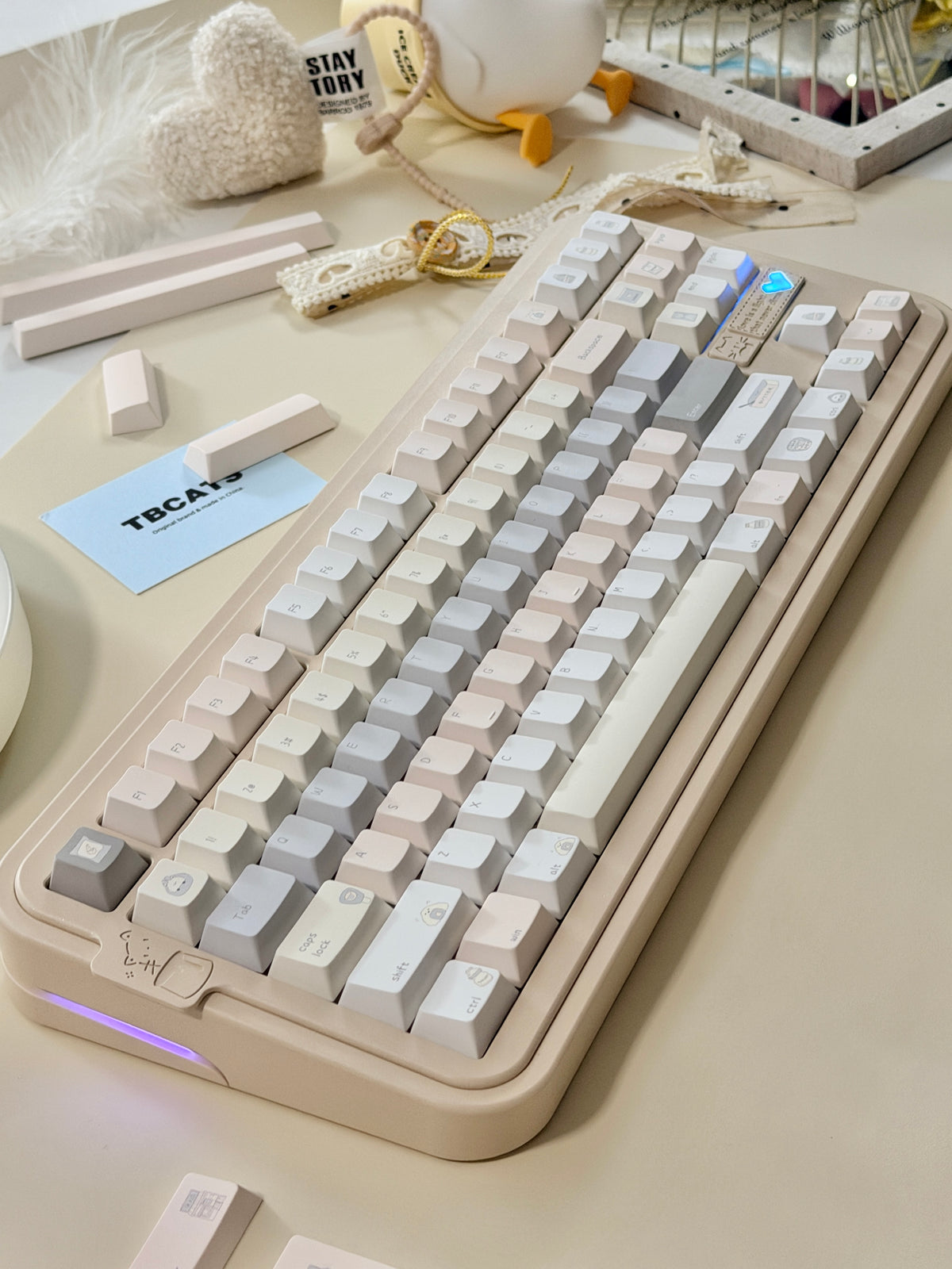 #0315 Tbcats Pastel Cream & Misty Blue Cute Keycap Set | Soft Aesthetic Mechanical Keyboard Keycaps | Kawaii Minimalist Custom Keycaps