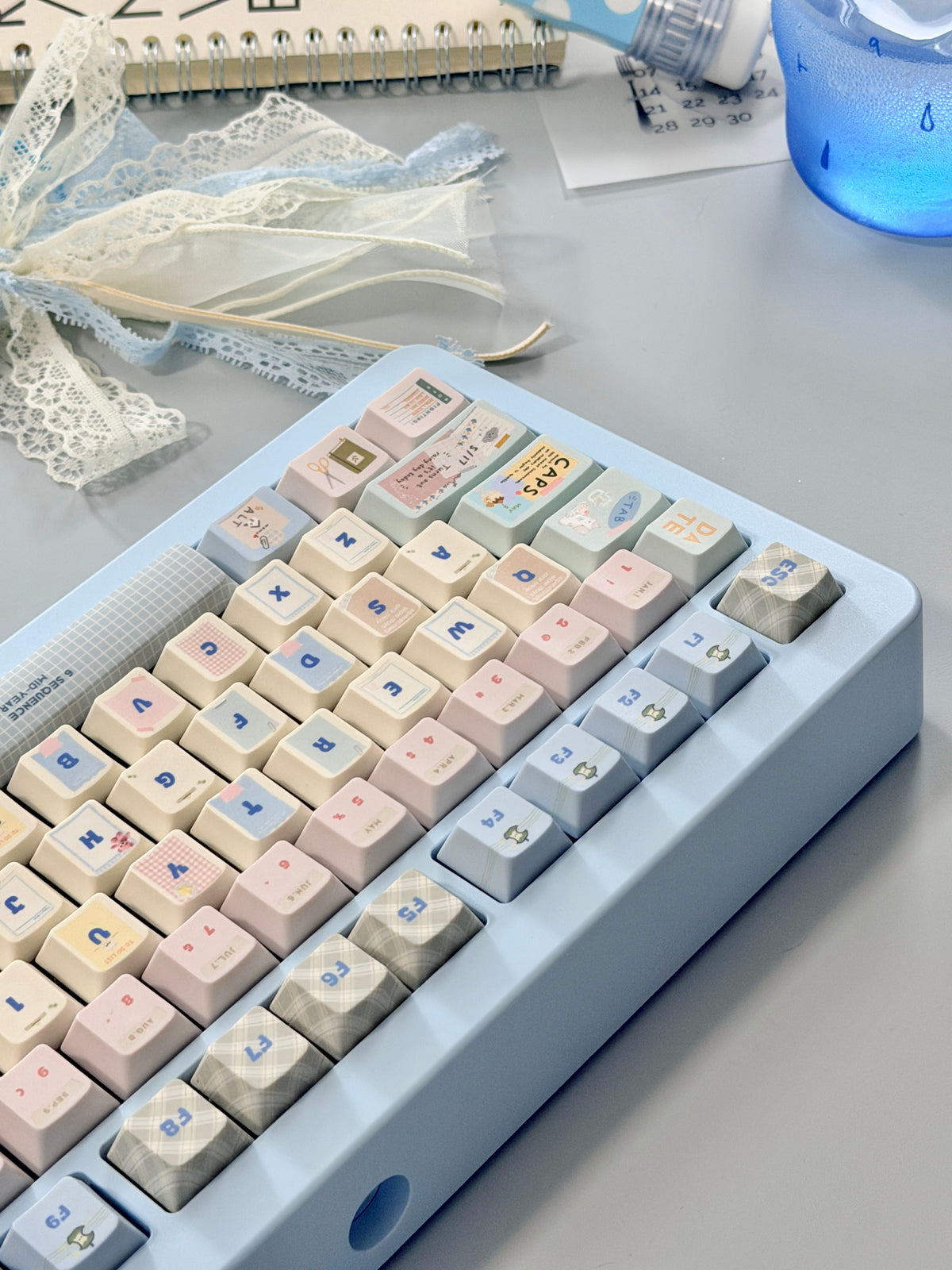 #0309 Love Journal Pastel Blue Creamy Aesthetic Keycaps Set | Cute Diary Theme Mechanical Keyboard Keycaps | Kawaii Office & Study Desk