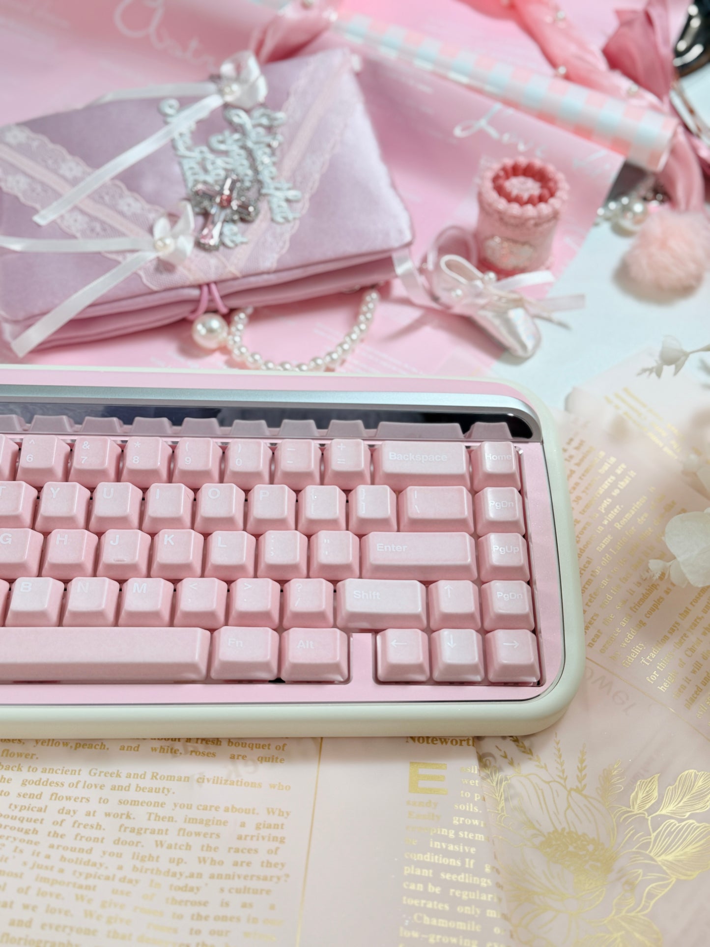 ONLY 1 Instock Prebuilt Aluminum Customized Mechanical Keyboard Rollo75 Pale Pink Cerakey Matte Keycaps Set