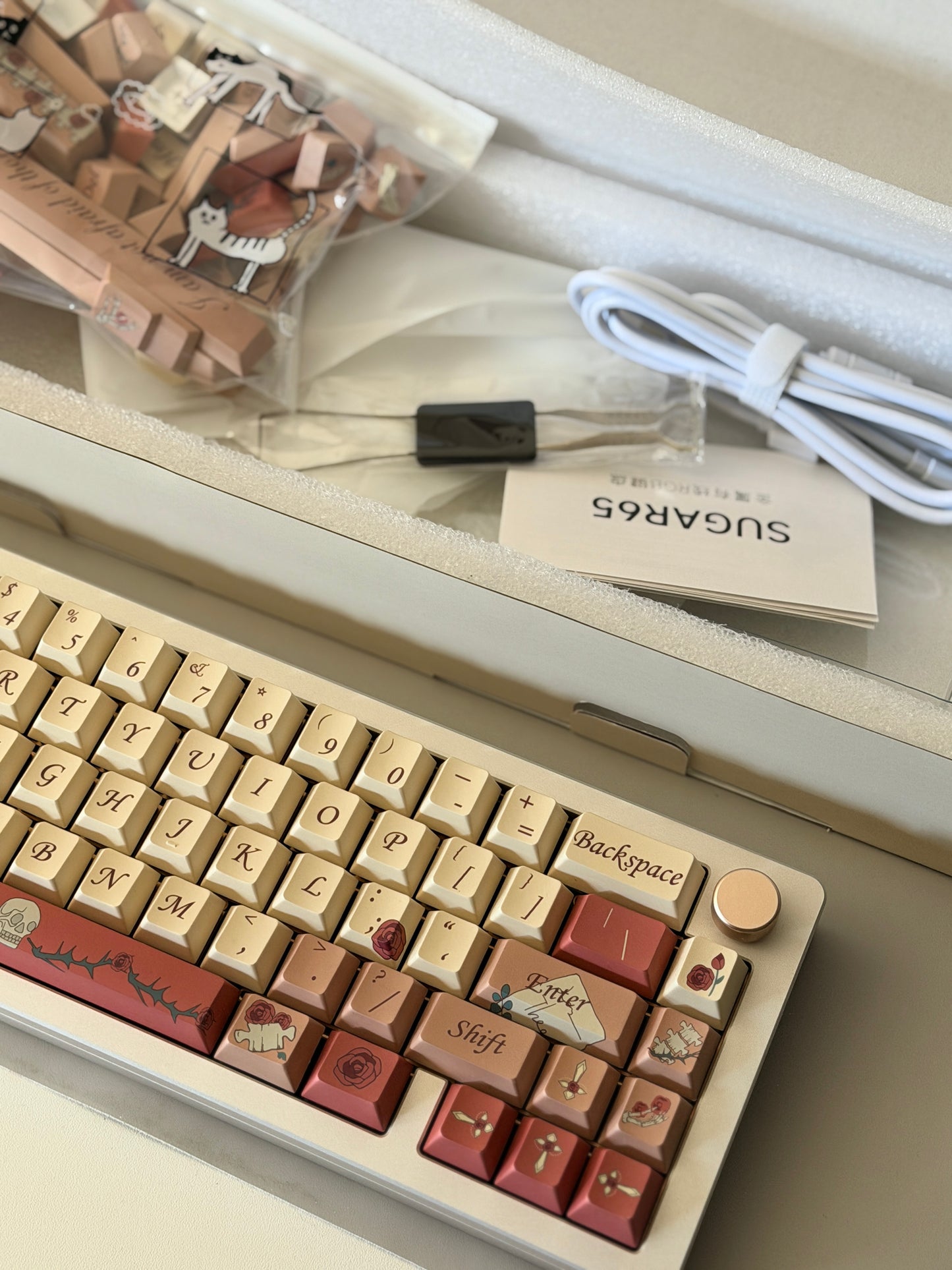 ONLY 1 Instock Prebuilt Aluminum Custom Mechanical Keyboard Weikav Sugar65 + Rose letter Keycaps+Poro Switch