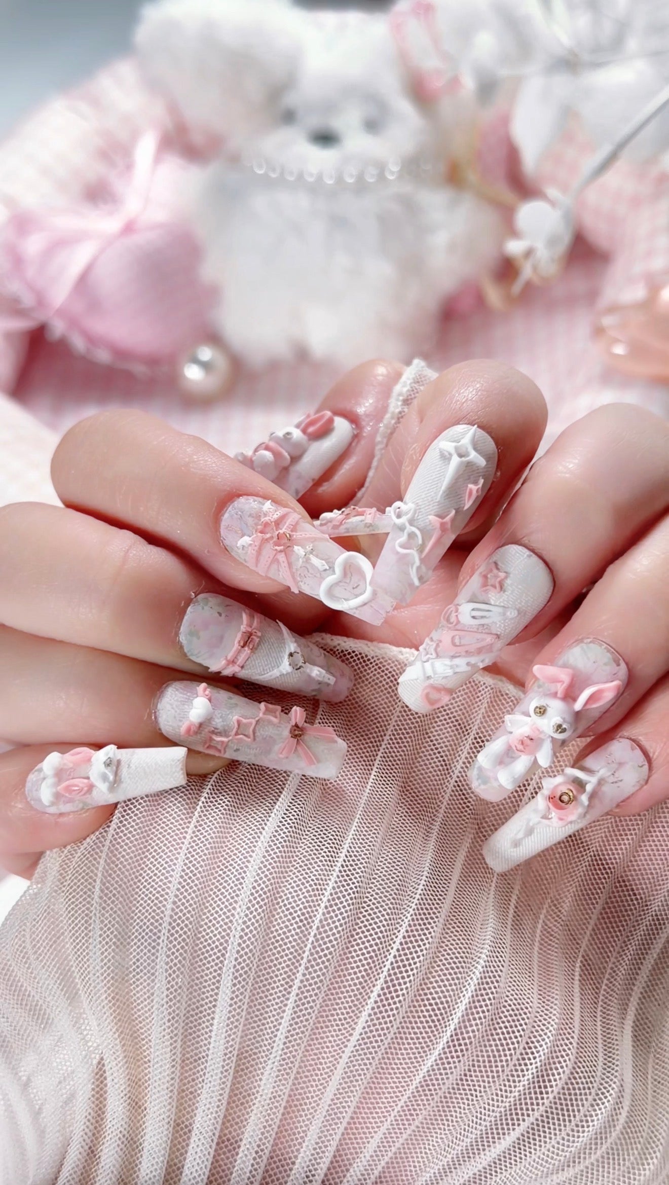 White Lace Pink Punk Bunny Bow 3D Pattern Press On Nails Long Coffin