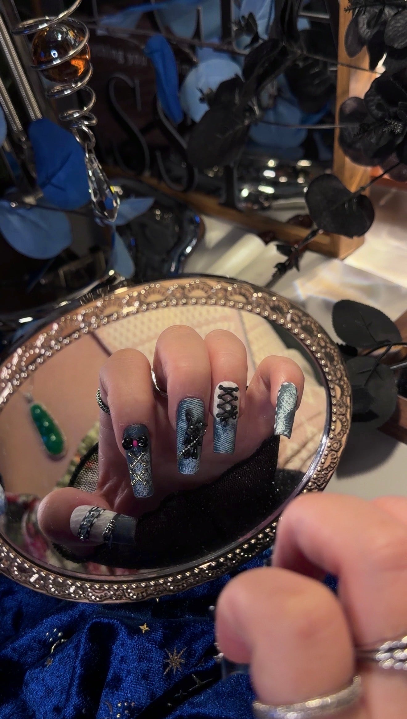 Punk Bunny 3D Lace Strap Denim Jeans Pattern Press On Nails Long Pipe Handmade Paint