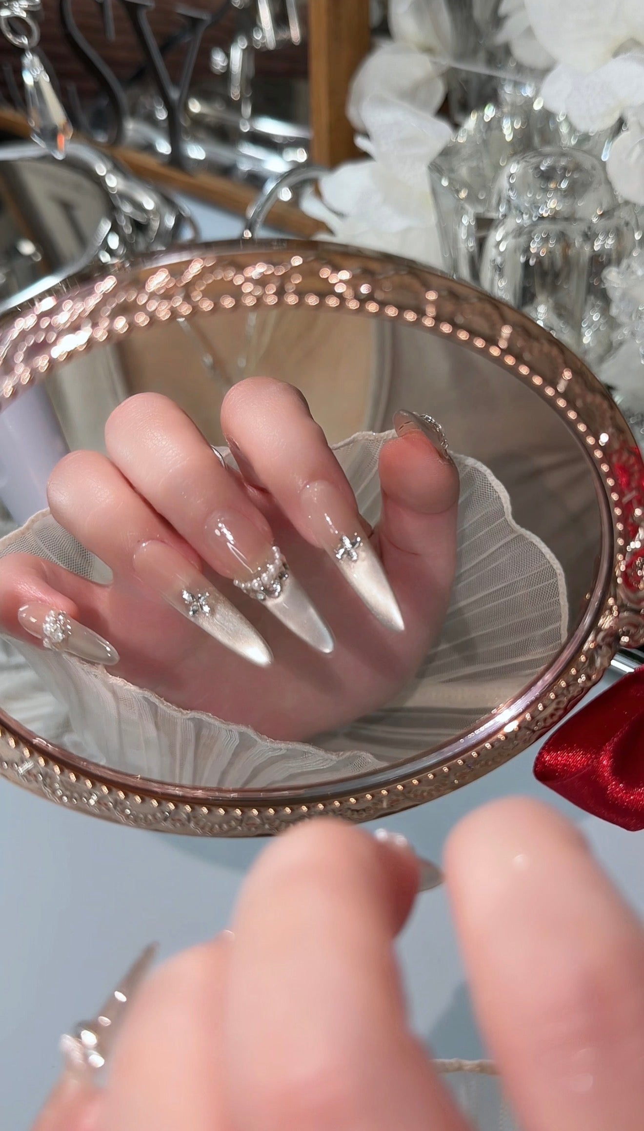 Silver Champagne Press On Nails Shimmering Diamond Pearl Long Stelitto Handmade Nail