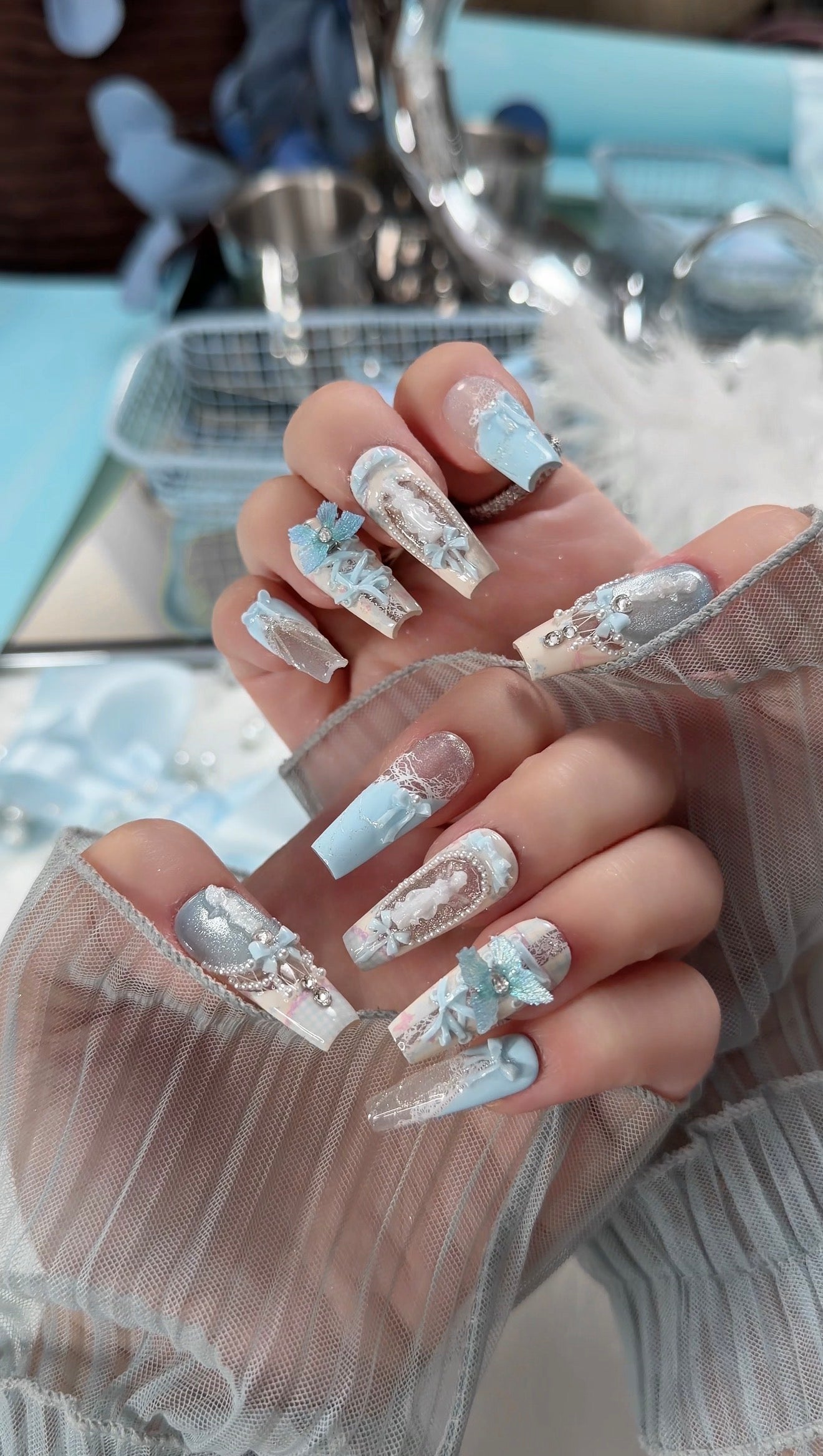 Blue Magnetic Butterfly Lace Press On Nails Long Coffin Pearl Beads Angel