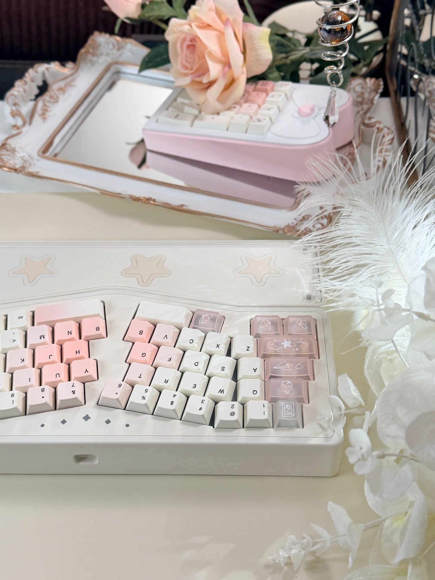 ONLY 1 Instock Prebuilt Aluminum Customized Mechanical Keyboard Staralice Cream White Set With Wristrest & Bow Pad