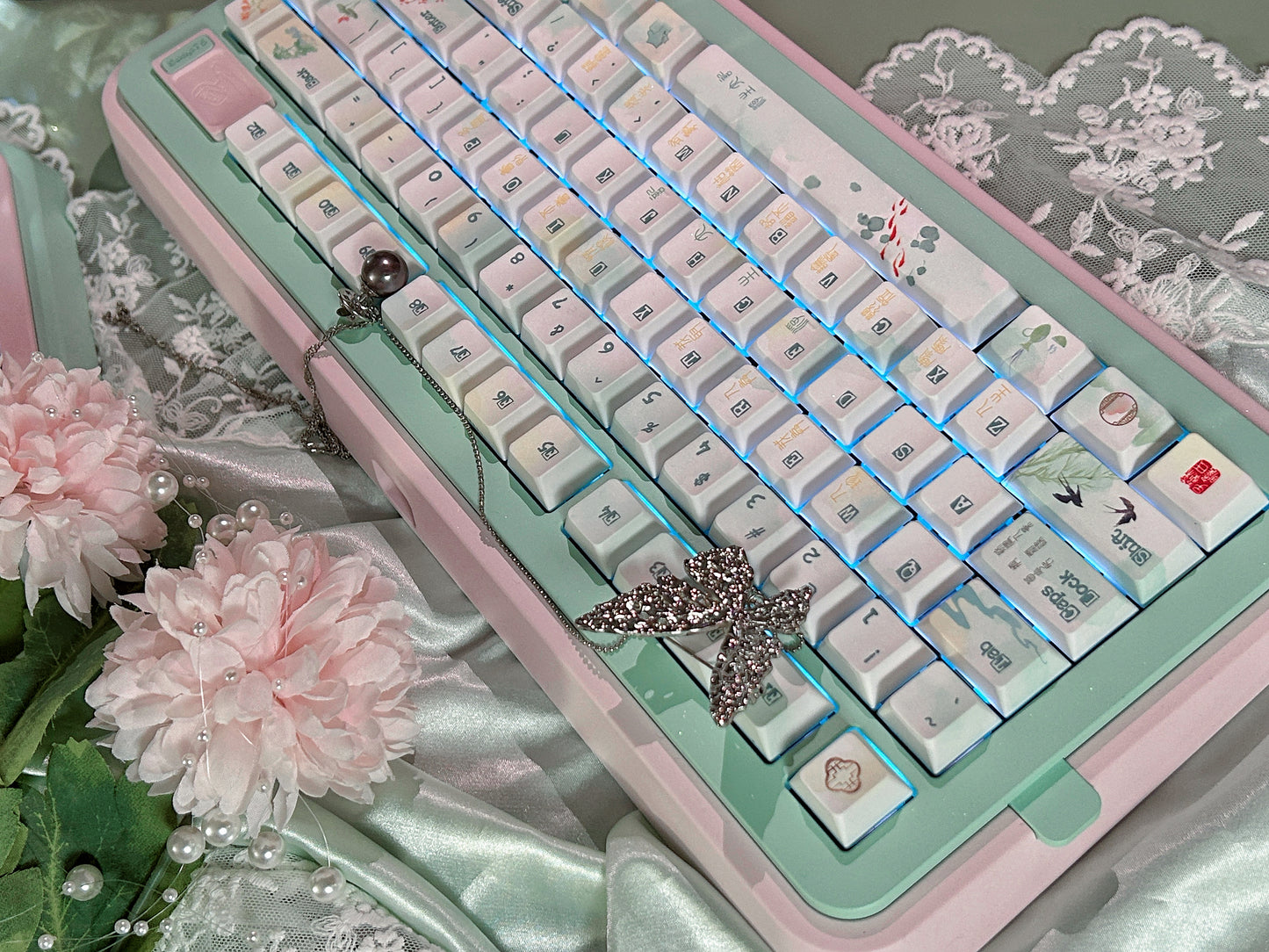 ONLY 1 Instock Prebuilt Aluminum Customized Mechanical Keyboard Pink Green Soap75 ➕ Pad