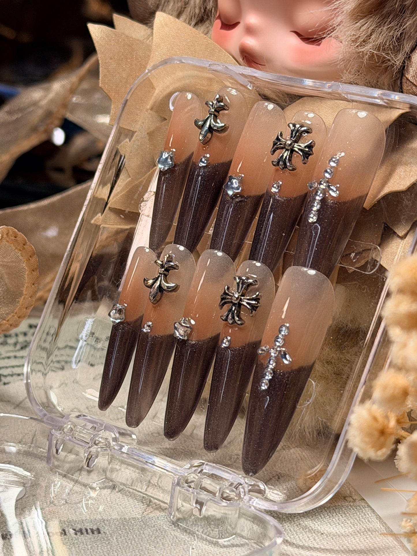 ONLY 1 Instock Designer False Nails Chrome Hearts Smoky Coffee Fine Shimmer French Style Long Press-On Nails(#889）