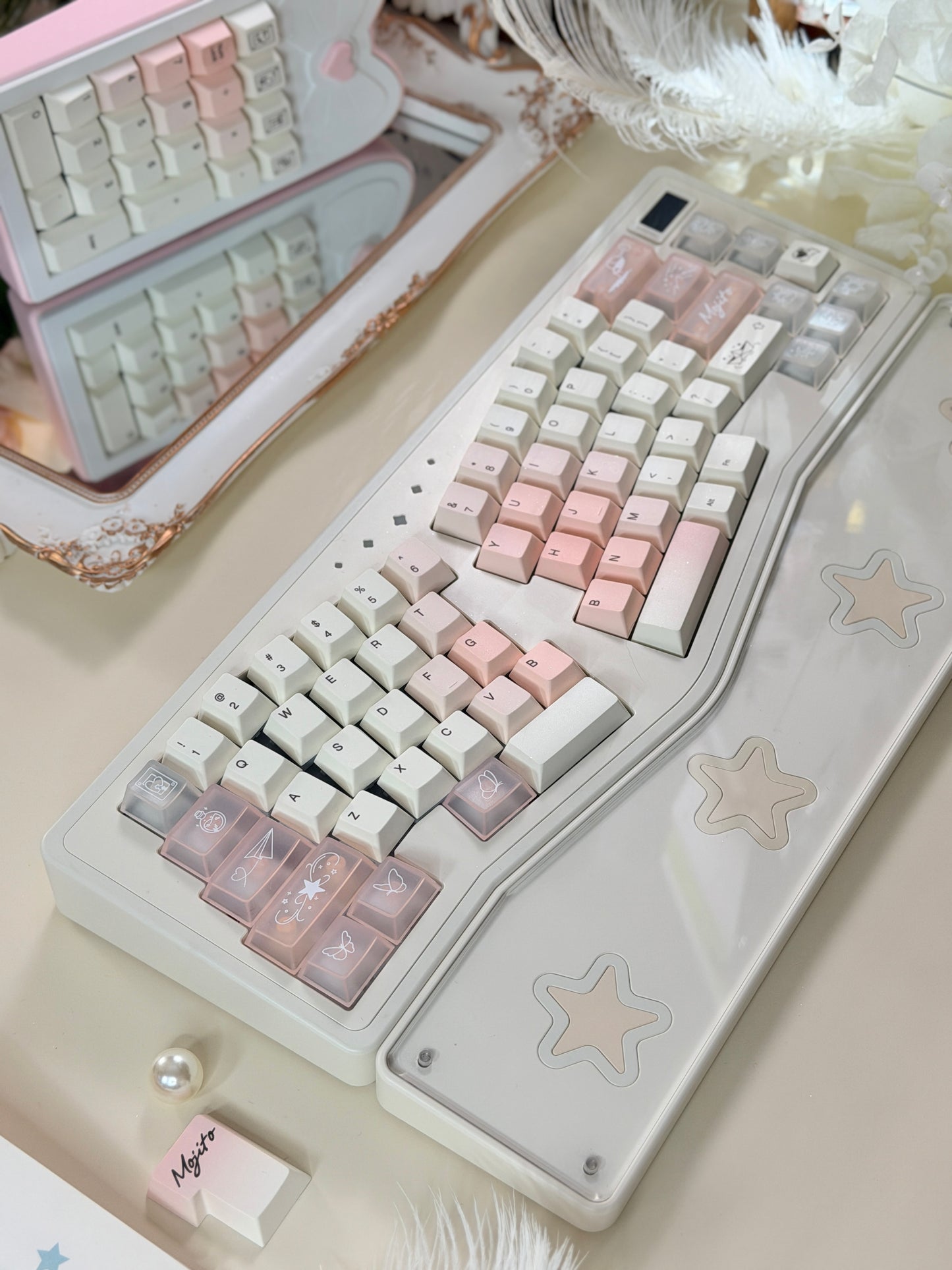 ONLY 1 Instock Prebuilt Aluminum Customized Mechanical Keyboard Staralice Cream White Set With Wristrest & Bow Pad