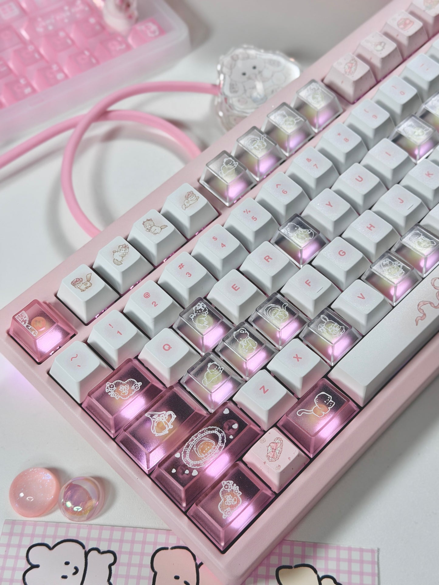 ONLY 1 Instock Prebuilt Aluminum Custom Mechanical Keyboard Pale Pink Meletrix ZOOM TKL DYNA Cat Keycap Set & Bow Pad