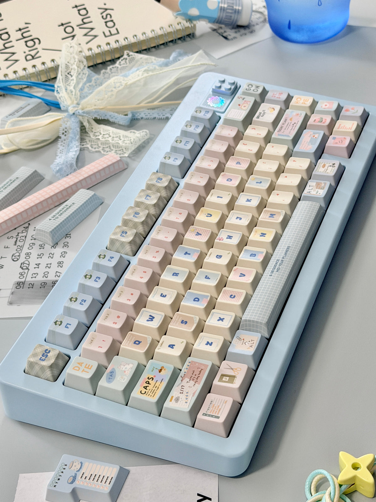 #0309 Love Journal Pastel Blue Creamy Aesthetic Keycaps Set | Cute Diary Theme Mechanical Keyboard Keycaps | Kawaii Office & Study Desk