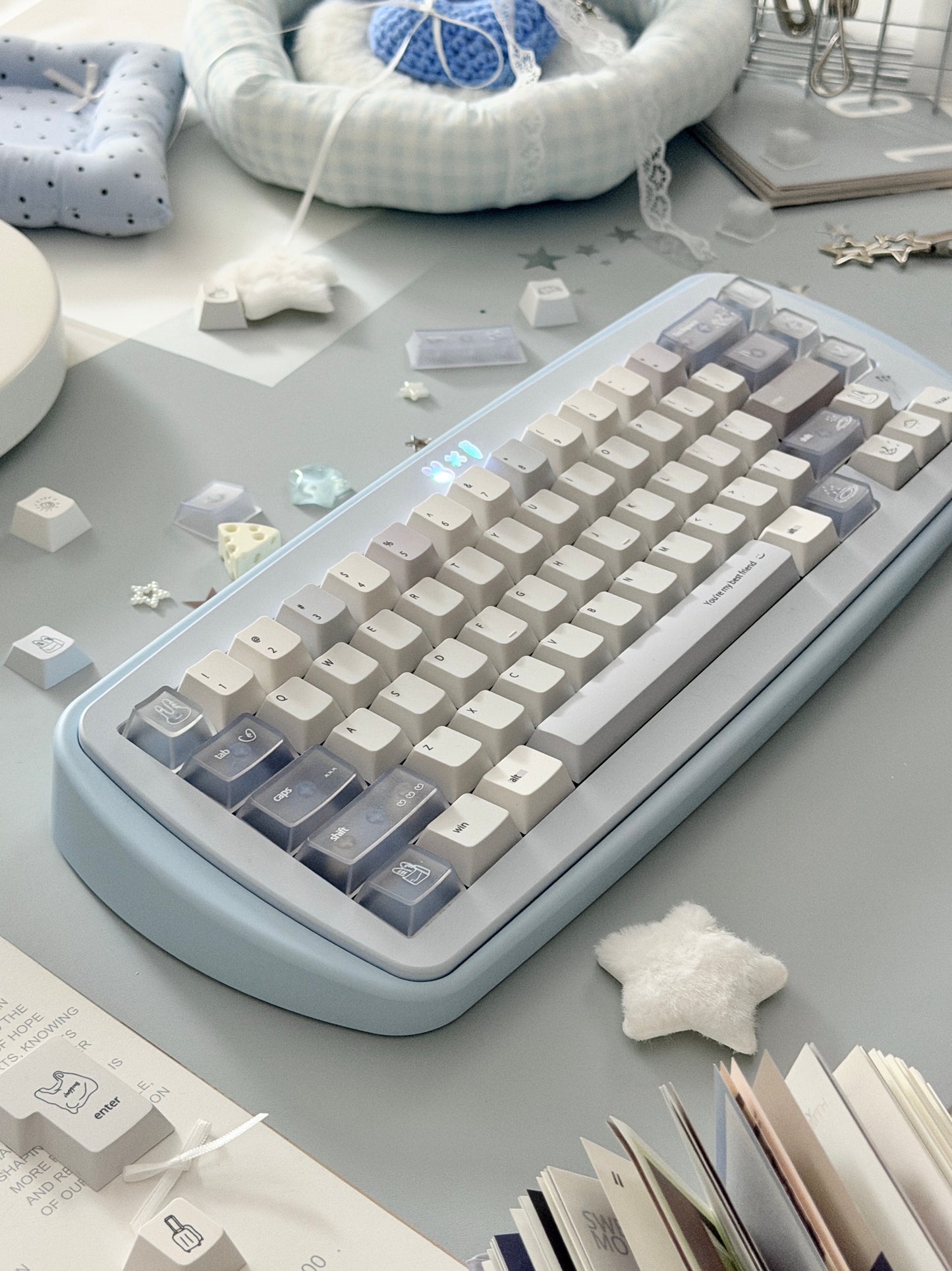 #0296 Minimalist Pale Blue White & Gray Keycap Set – Retro Japanese Style PBT Keycaps for Mechanical Keyboards Designed By Mochi Lab
