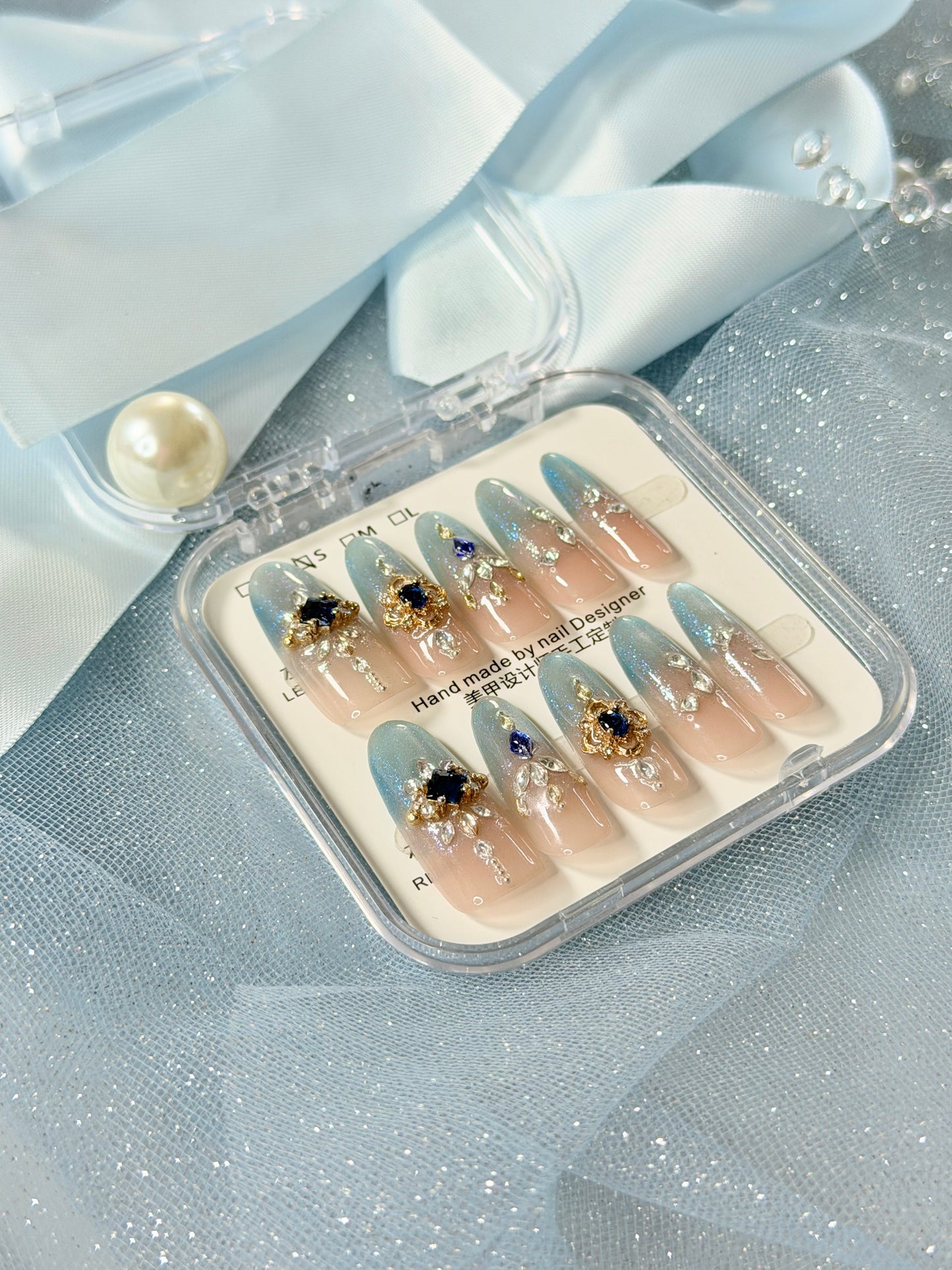 Crystal Blue Press On Nails Shimmering Diamond Cat-Eye Long Oval Handmade Nail Arts