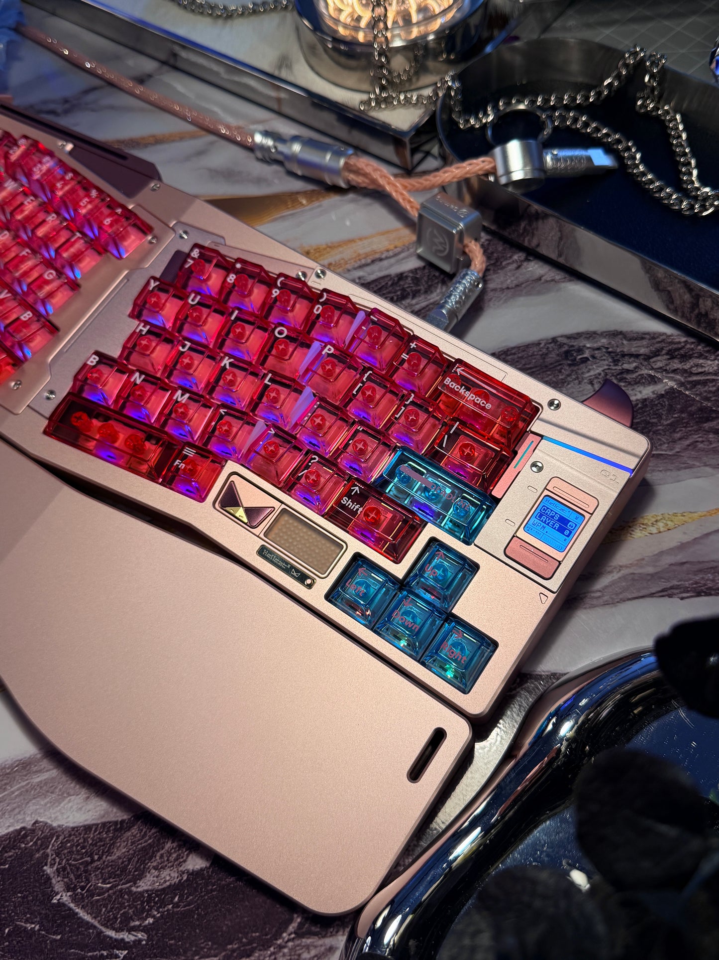 Preorder Prebuilt Aluminum Customized Mechanical Keyboard Owlab HellCat Anodized Pink Ergonomic Set & Wristrest