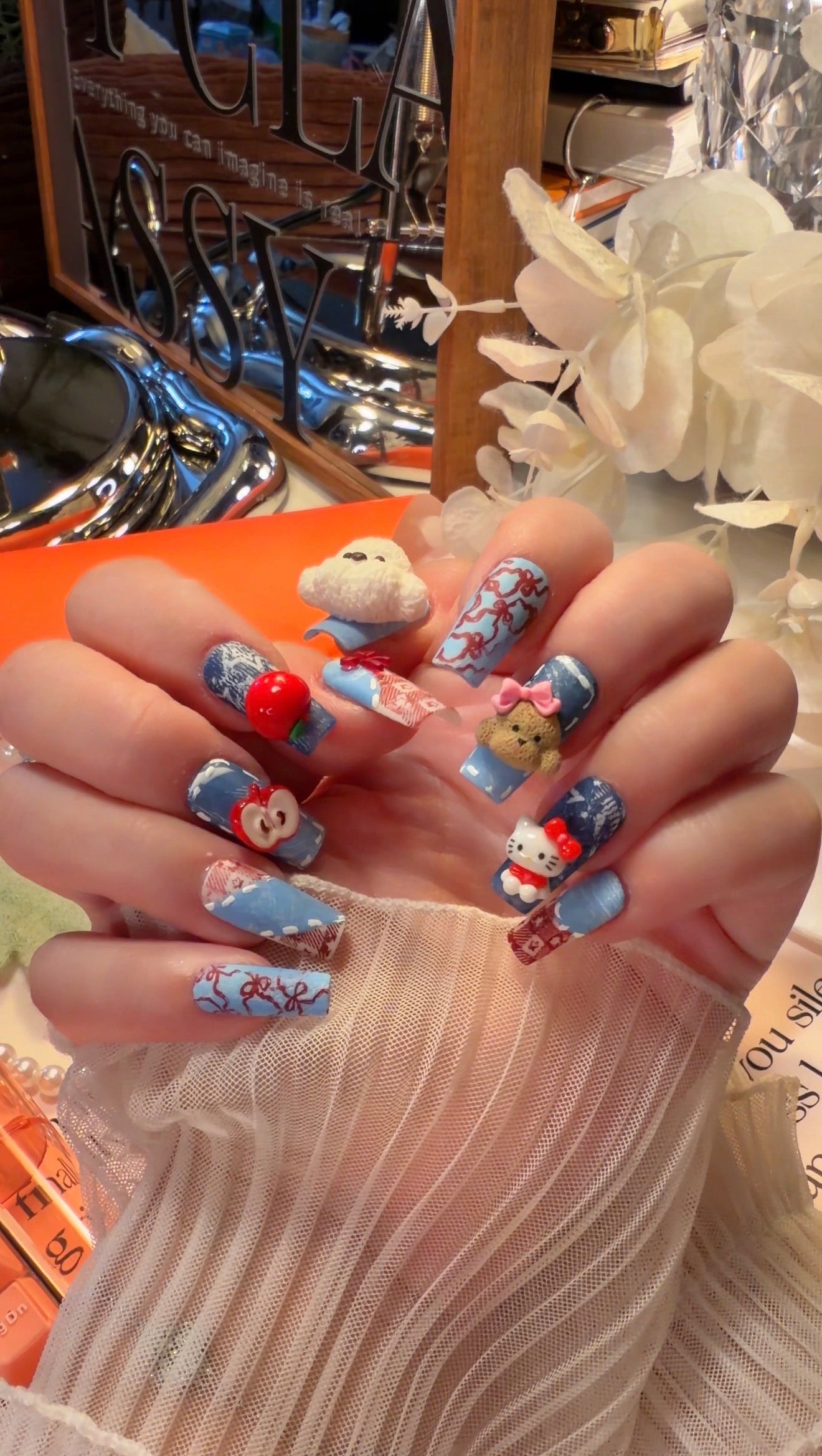 Kawaii Puppy Kitty 3D Red Apple Bow Denim Jeans Pattern Press On Nails Long Pipe