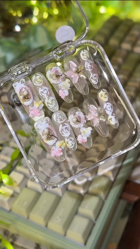 ONLY 1 Left Handmade False Nails Green Pink Oval Fairy Forest 3D Flower Rococo Style Press On Nails（#884）