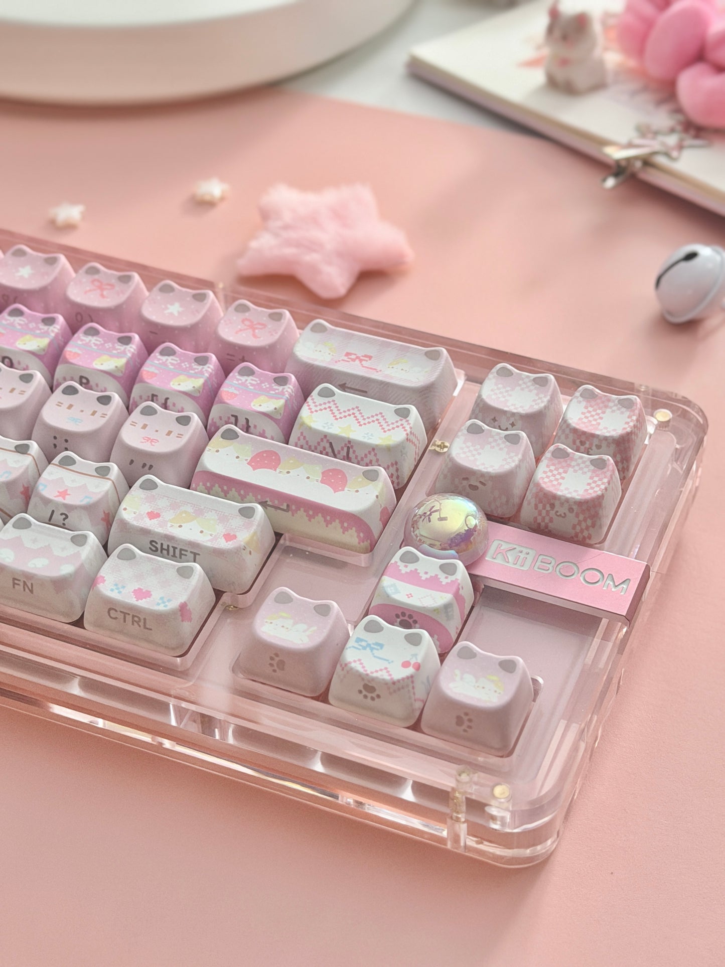 Unboxing Clearance ONLY 1 KiiBOOM Phantom 68 Pink Crystal Gasket-Mounted Mechanical Keyboard & KiiBOOM Pink Meow Keycap Set