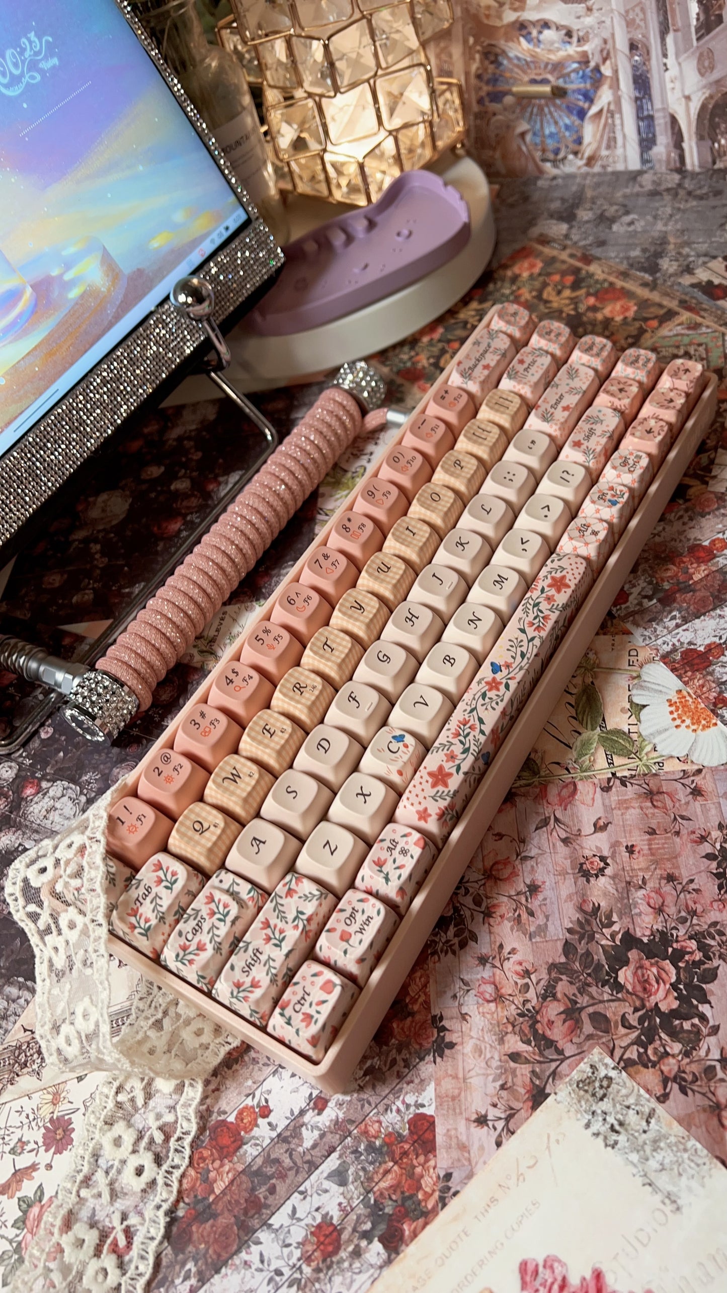 Limited Edition Pastel Pink Forest Flower Language Tri-mode Mechanical Keyboard Customized Ergonomic Keycap Designed by Lofree