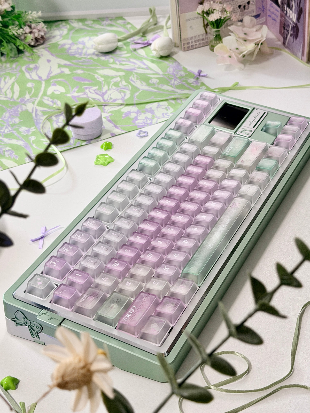 #0318 Lavender Mint Garden Transparent Keycaps Set | Pastel Purple & Sage Green Cute Floral Mechanical Keyboard Keycaps