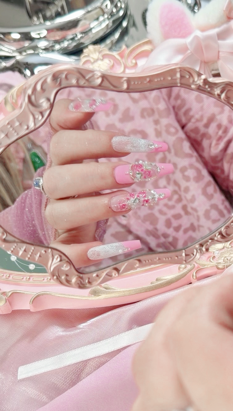 Barbie Pink Lace Flower Matte Finish Press On Nails Long Coffin Handmade With Diamond Pearl Beads