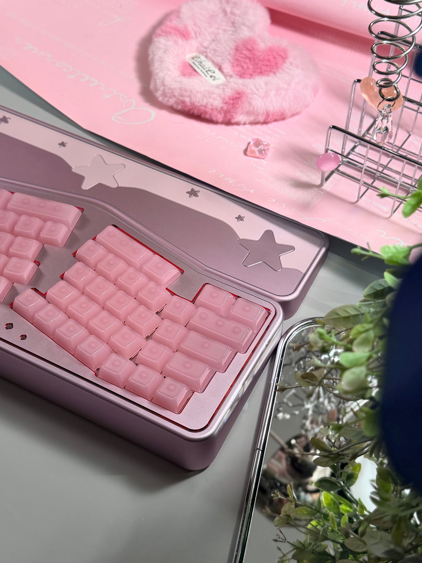 ONLY 1 Instock Prebuilt Aluminum Custom Mechanical Keyboard Staralice Ergonomic Anodized Pink Set including Wristrest Keycaps & switches