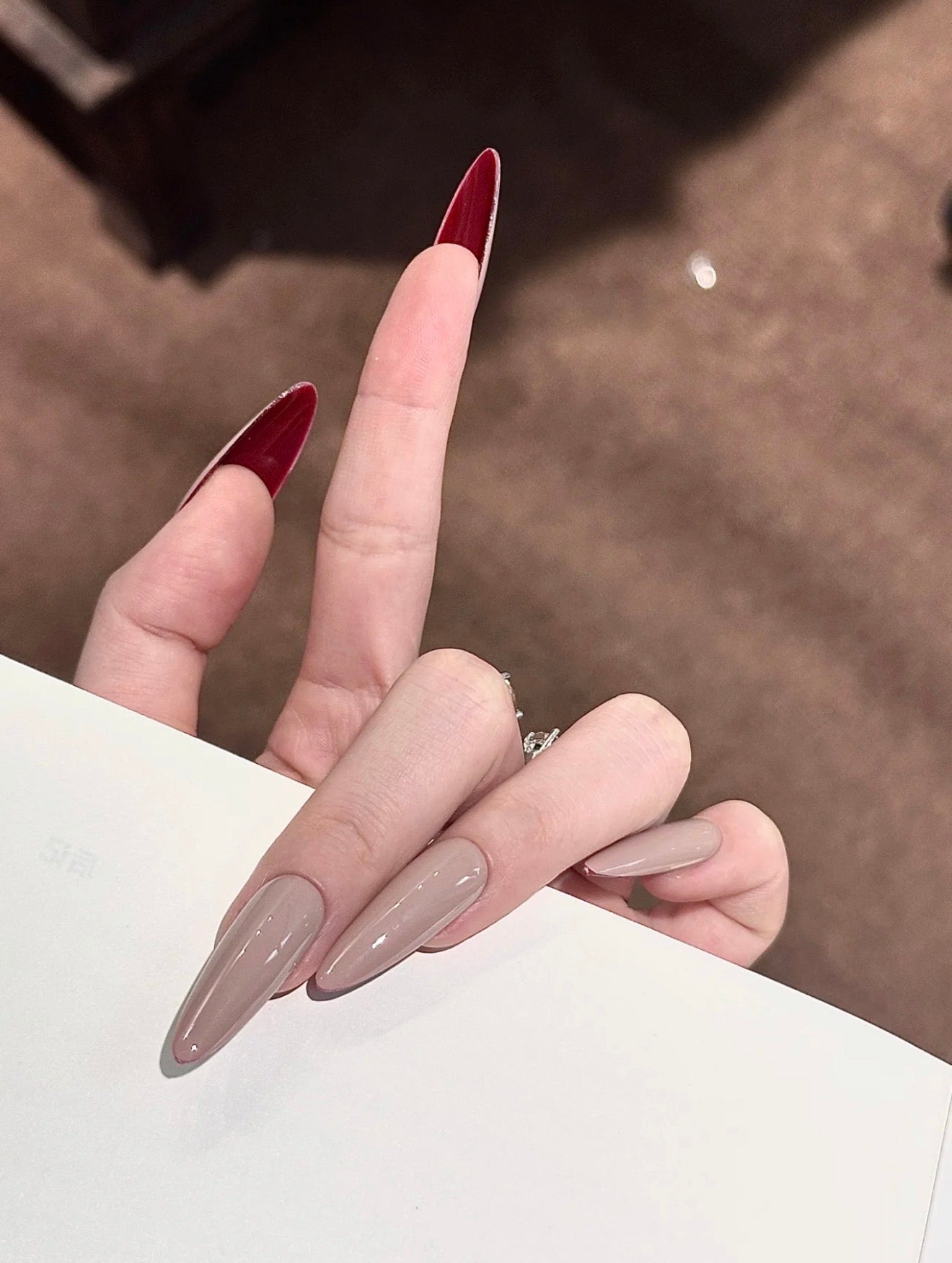 ONLY 1 Left Designer False Nails Red-Bottom High Heels & Milk Tea Long Teardrop Press-On Nails