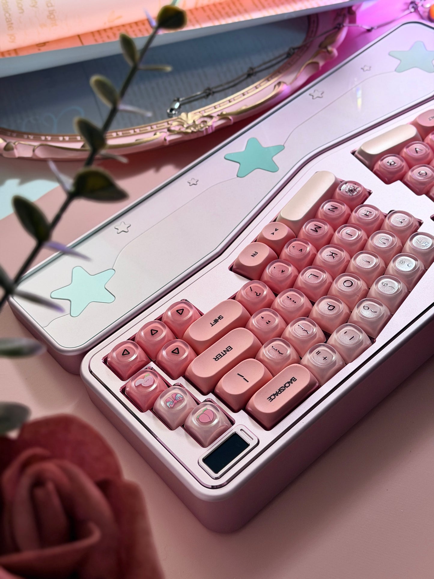 ONLY 1 Instock Prebuilt Aluminum Custom Mechanical Keyboard Staralice Ergonomic Anodized Pink Set including Wristrest Keycaps & switches