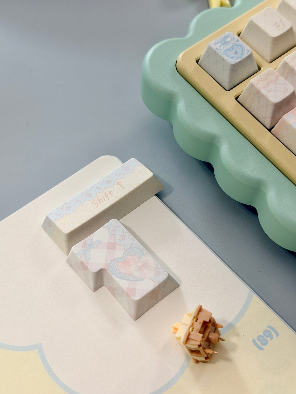 #0303 Aqua Lace Dream Garden Keycaps | Kawaii Pastel Floral & Bow PBT Keycap Set