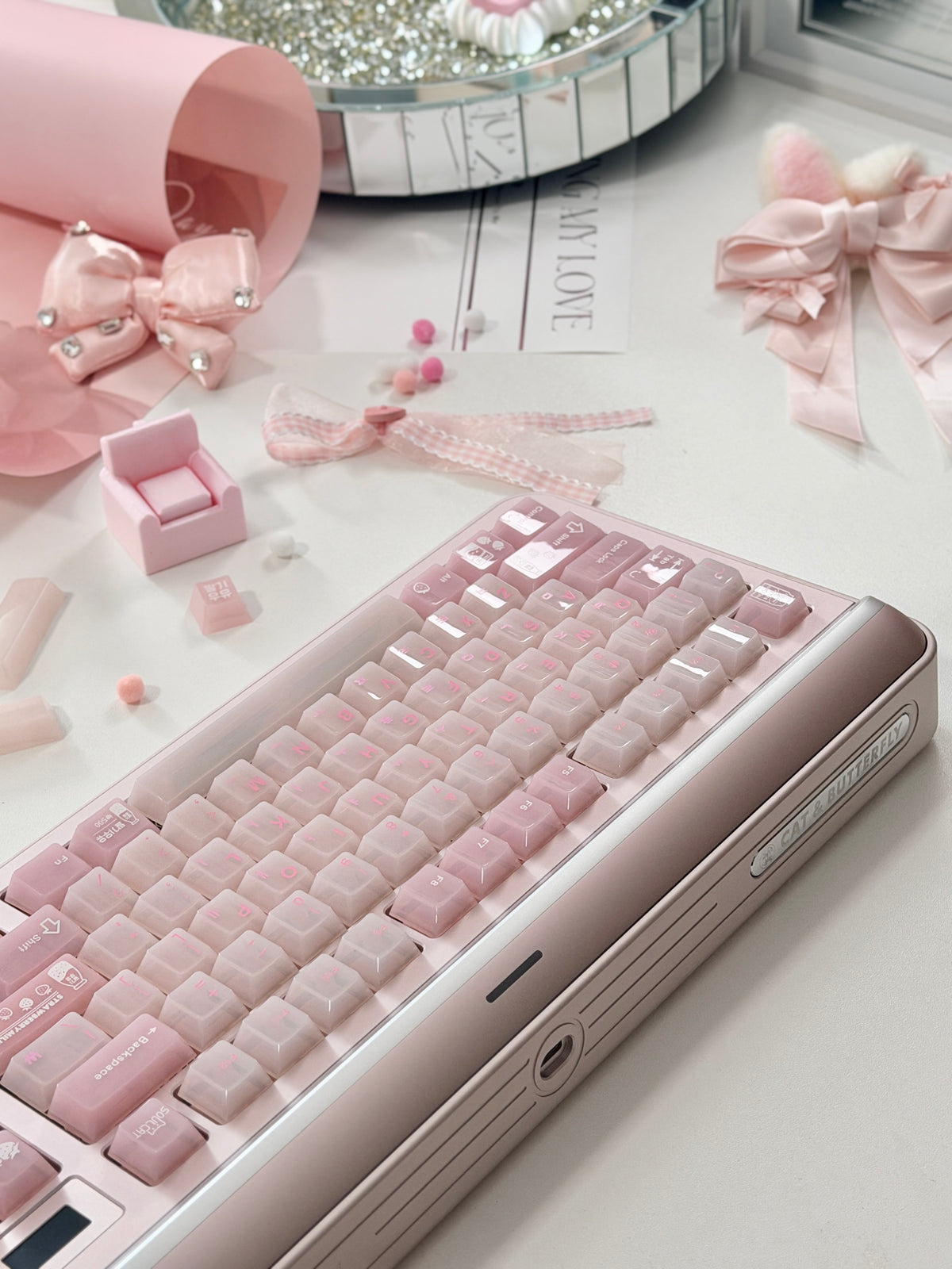 #0308 SoulCat Pink Strawberry Milk Jelly PC Keycap – Cute Romantic Keycap for Mechanical Keyboards, Kawaii Pink Cherry MX Keycap