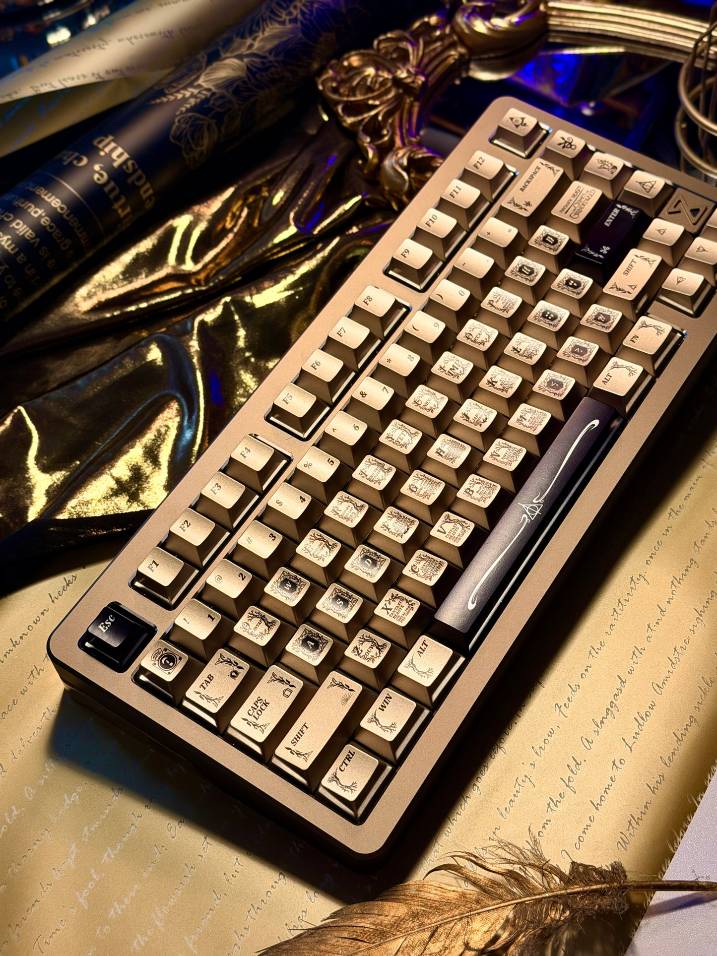 ONLY 1 Instock Prebuilt Aluminum Customized Mechanical Keyboard Buff75 Golden Black + taptempo Fantastic Beasts Medal-Coated Keycaps