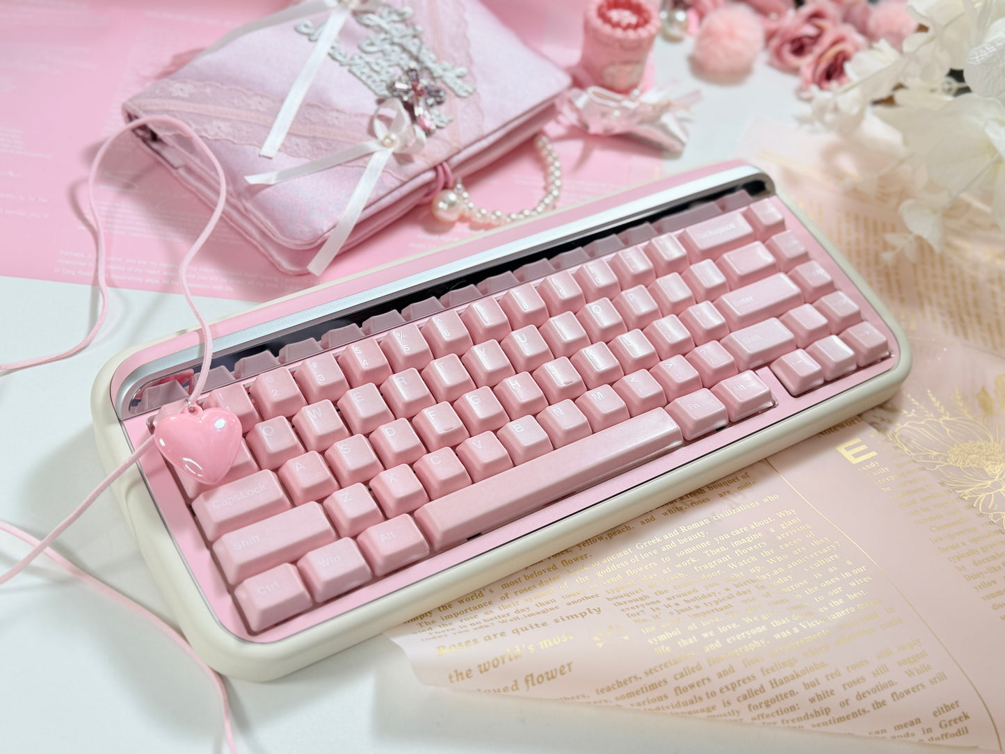 ONLY 1 Instock Prebuilt Aluminum Customized Mechanical Keyboard Rollo75 Pale Pink Cerakey Matte Keycaps Set