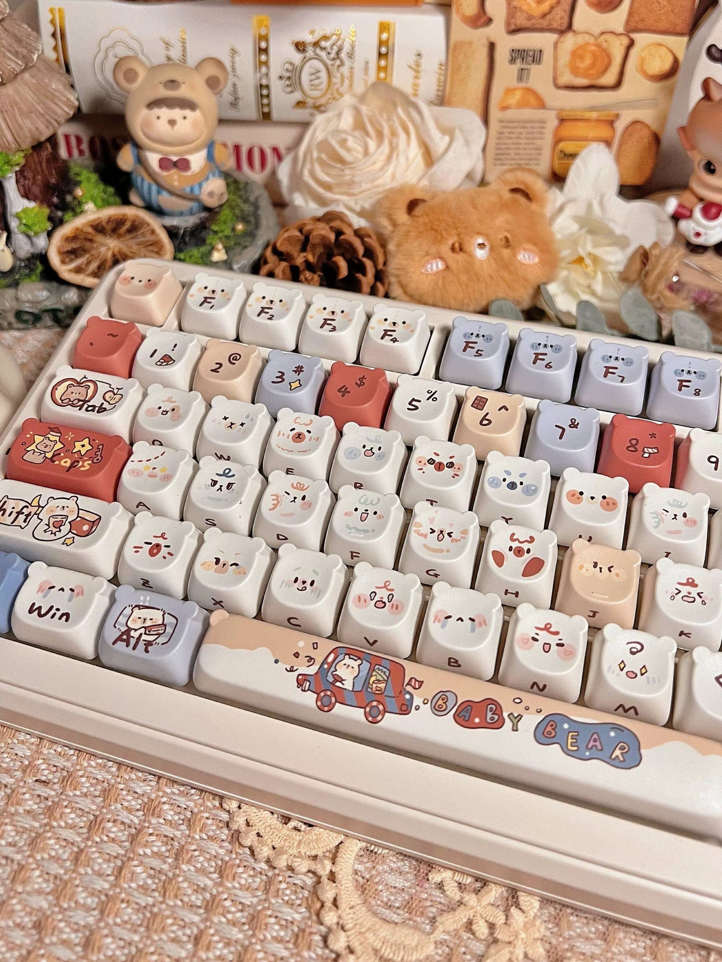 018 Bear Ear Bear Head Blue and Red kawaii emoji 130 keys Keycaps