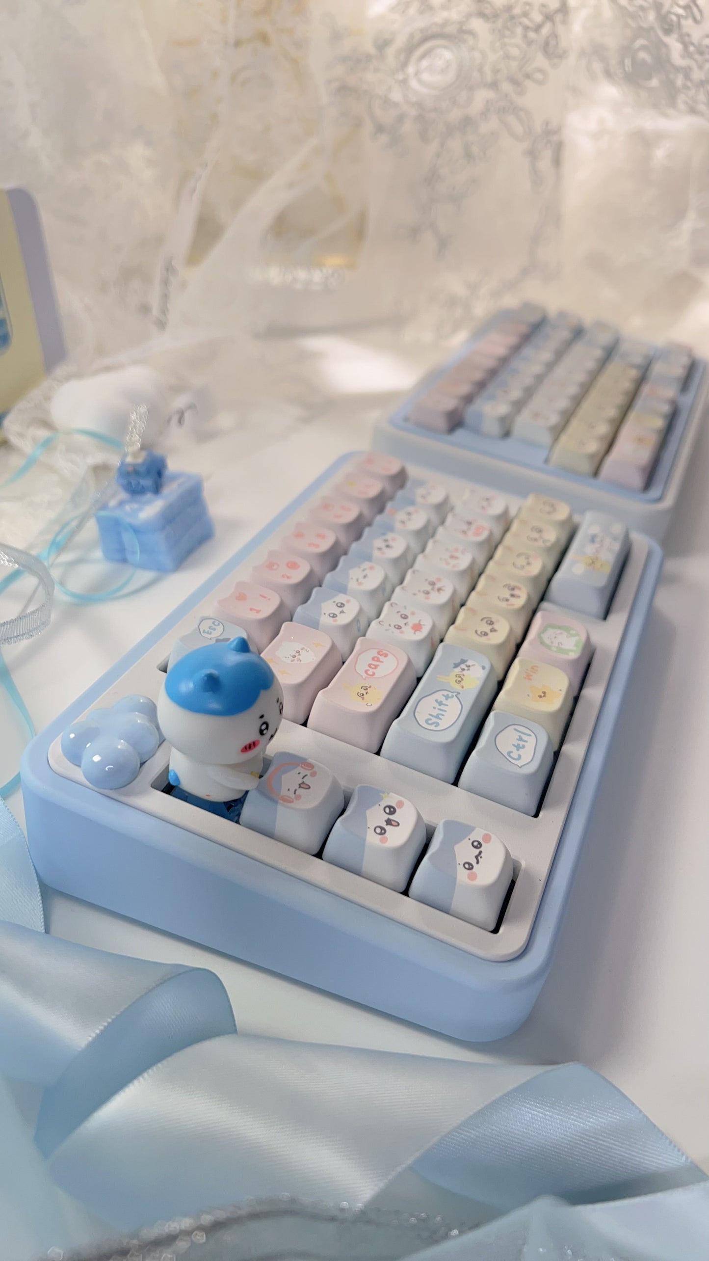 113 Chikawa Pastel Blue Pink Yellow Cute Kitten Head Keycap